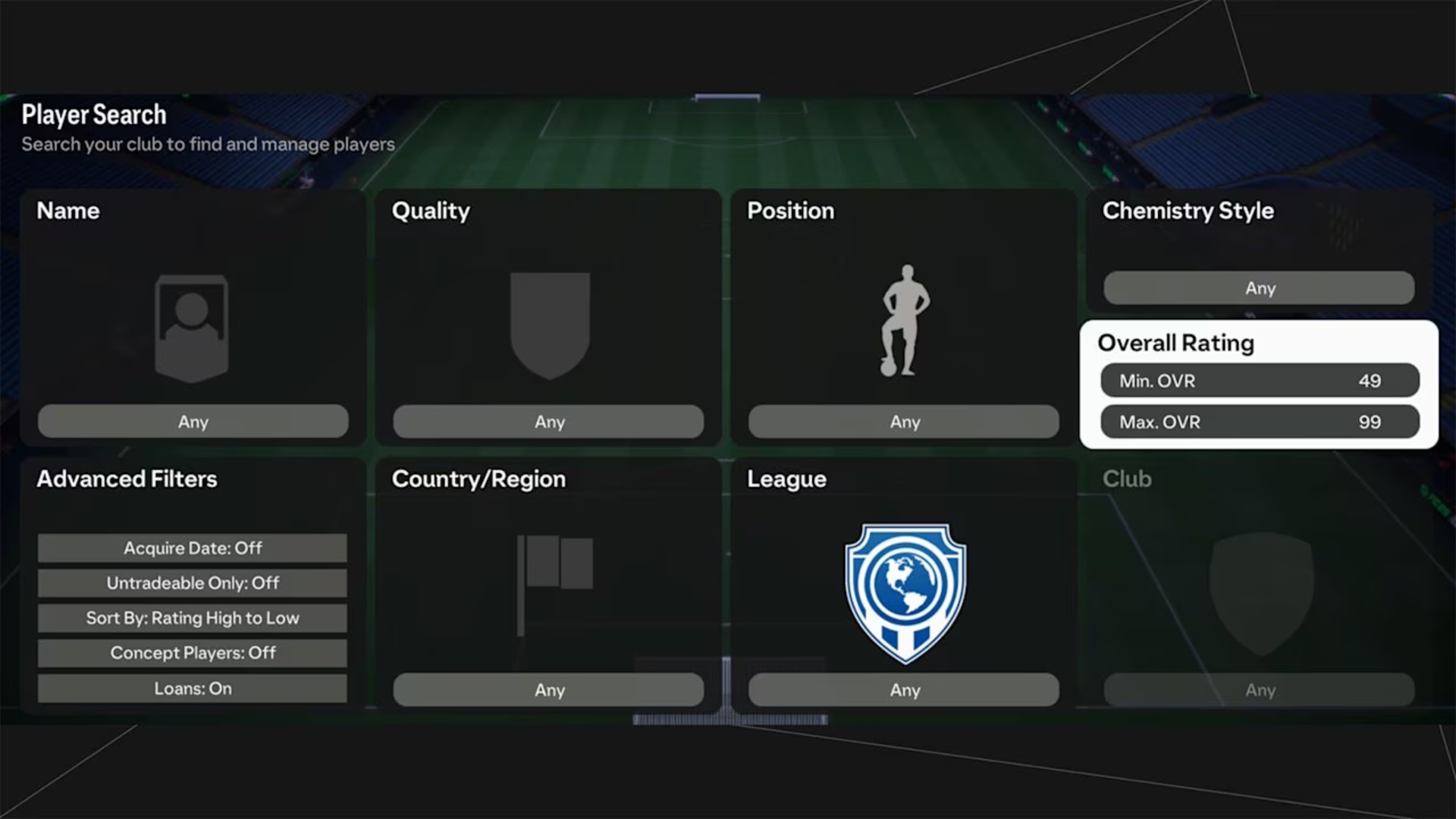 FC 25: A screenshot of the player search menu in EA FC 25