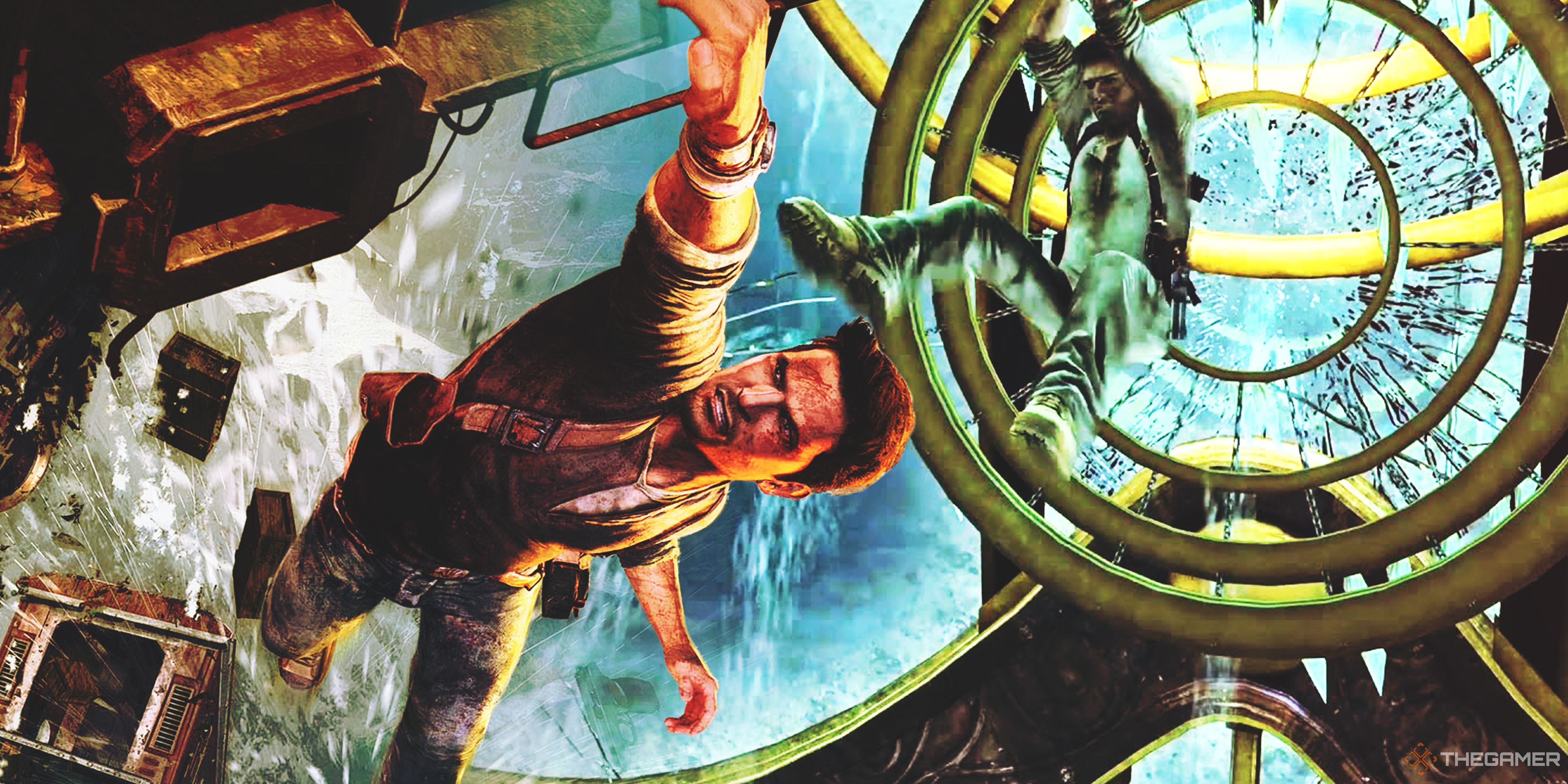 Collage image with Nathan Drake clinging from a train in Uncharted 2 on the left and in the boat from Uncharted 3 on the right.