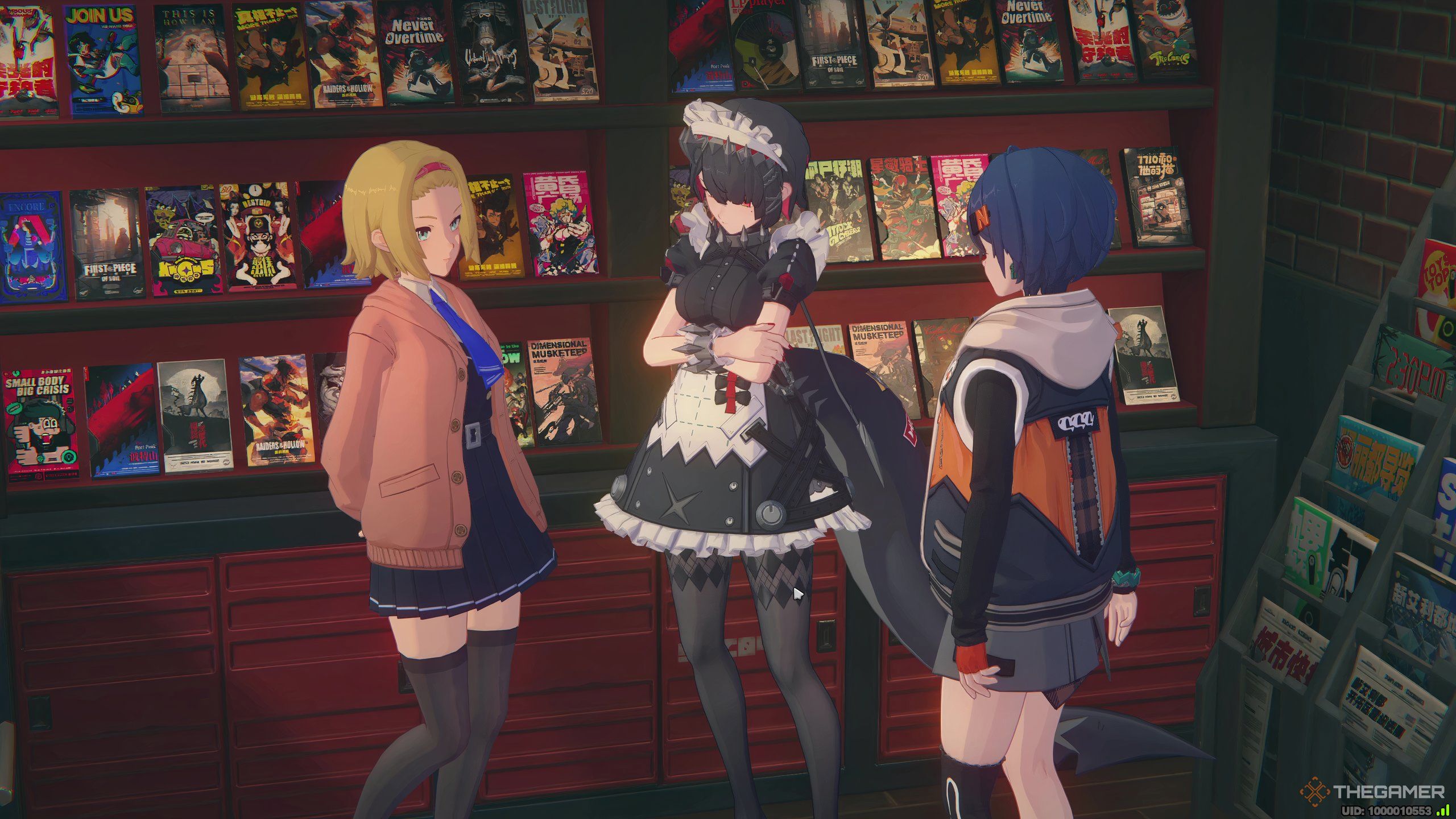 Ellen, her friend, and Belle picking out a video tape in Zenless Zone Zero.