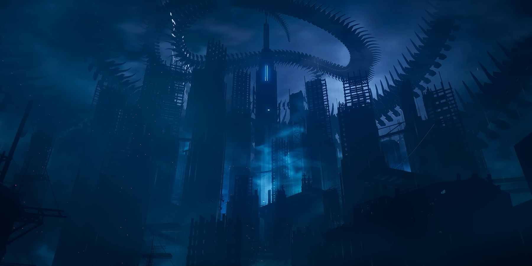 A Key Frame From The Ninja Gaiden 4 Reveal Trailer Revealing The Dark Dragon Flying Above A Futuristic City