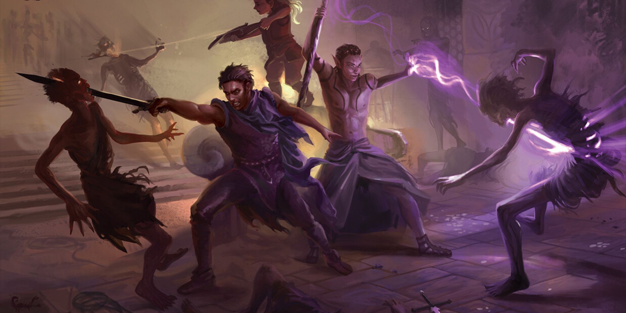 Dungeons And Dragons art showing a group of Adventurers fighting off a swarm of undead in a crypt.