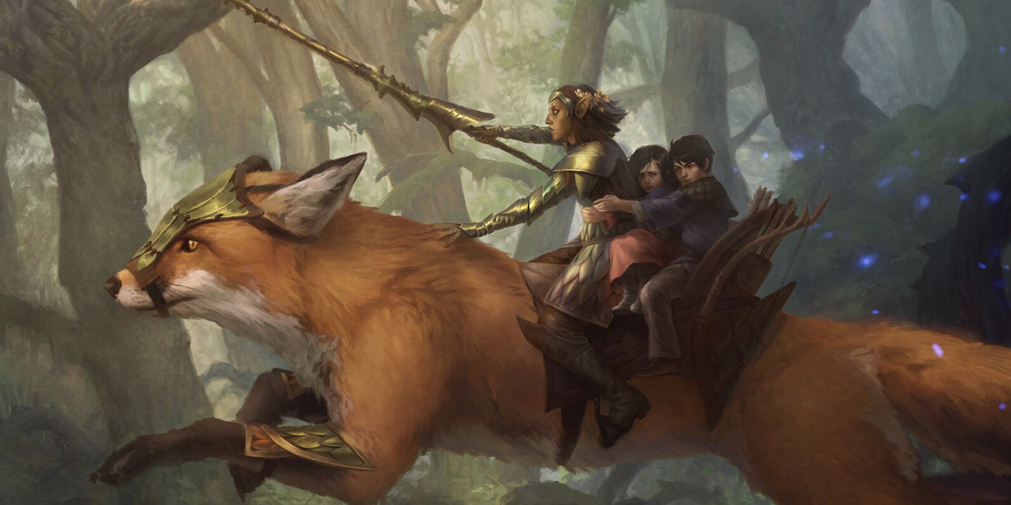 Ranger and two children on a large fox in the forest in Dungeons & Dragons art.