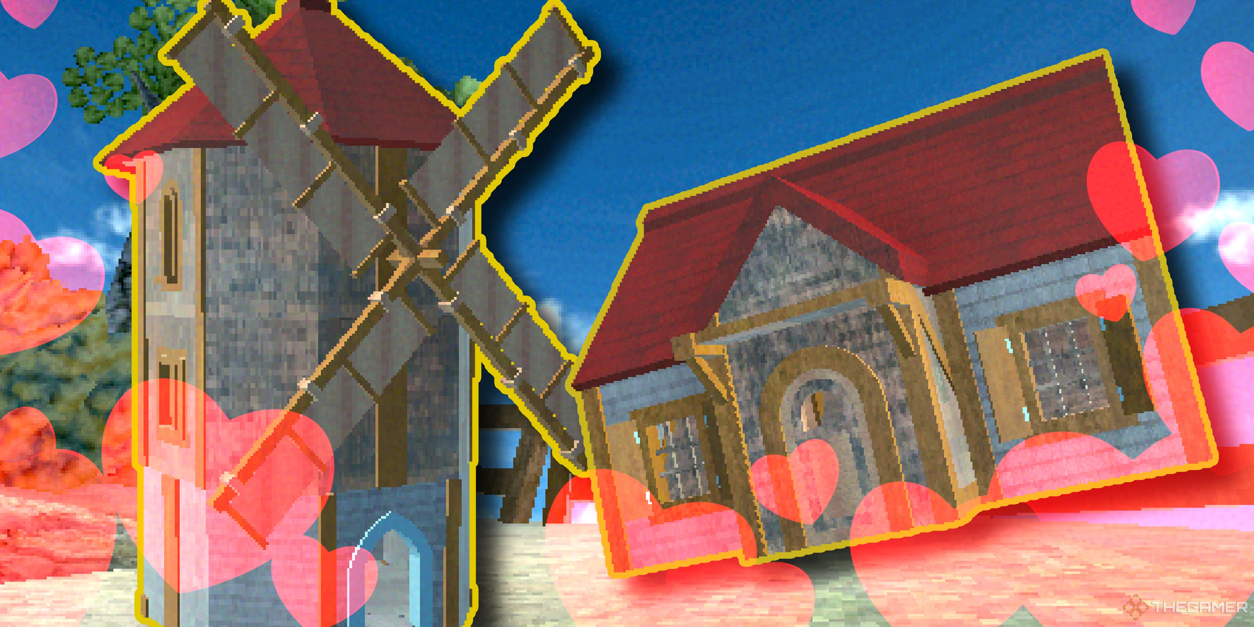 A windmill and a town house leaning towards each other, surrounded by red hearts.