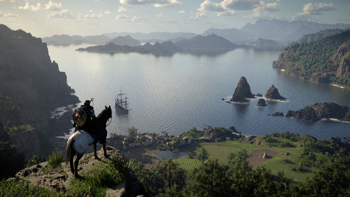 Crimson Desert official screenshot showing a character on a horse looking over a huge vista of lakes, mountains and green hills