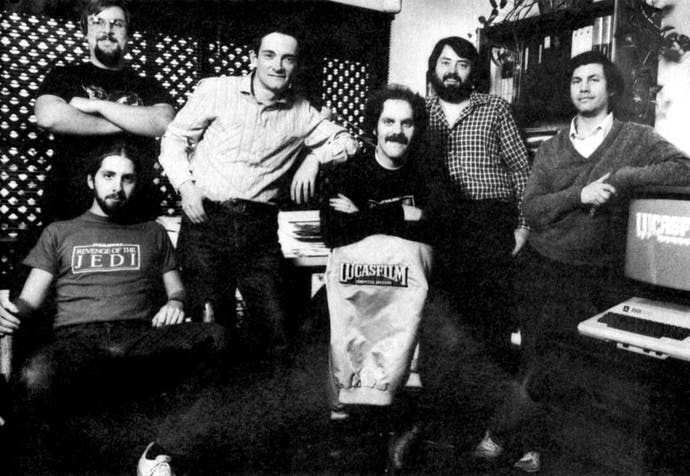 A black and white photo of the Lucasfilm Games Group.