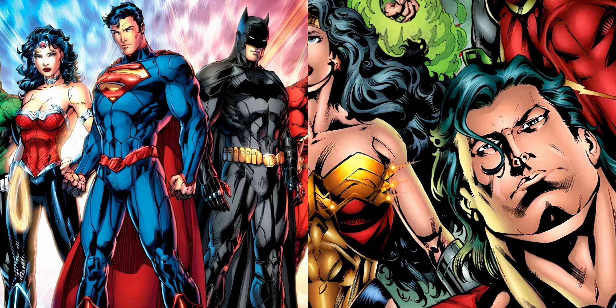 A split image of New 52 JLA (left) Grant Morrison JLA (right)