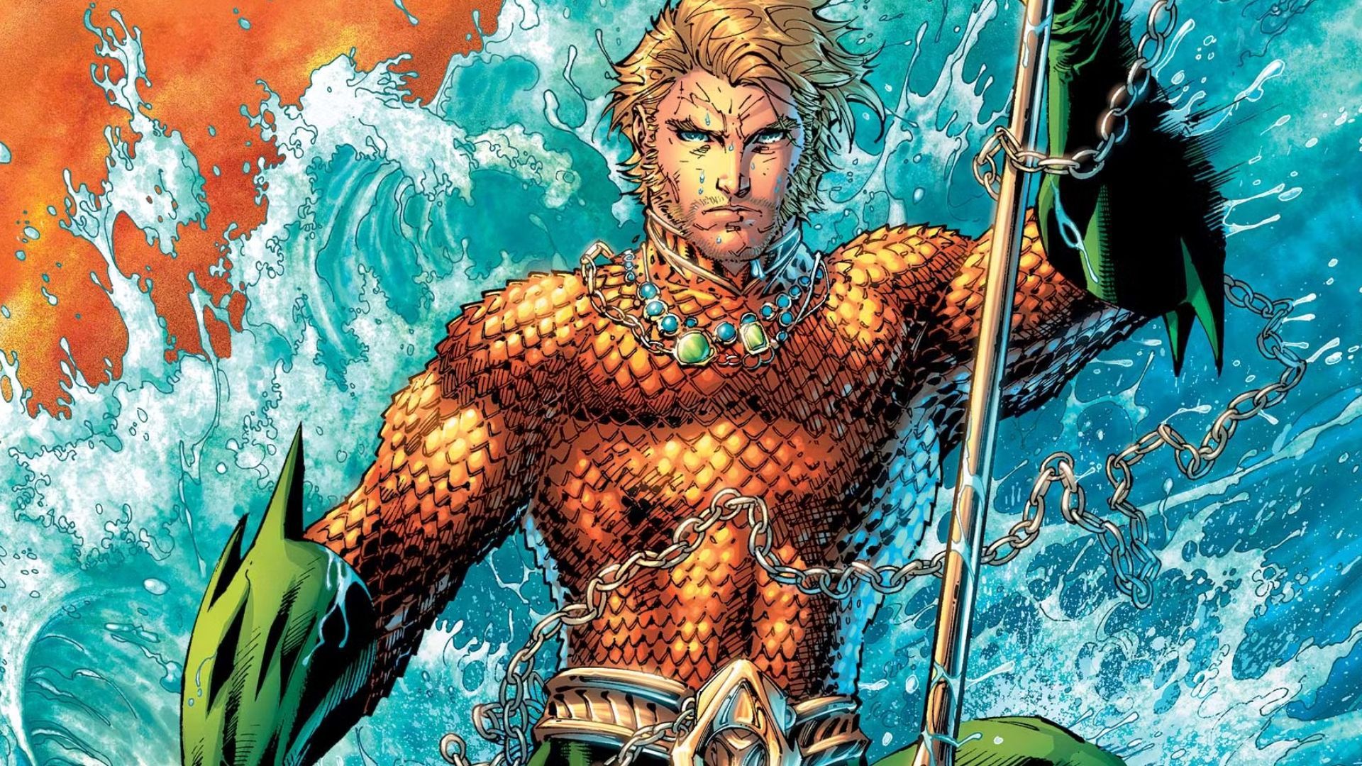 Aquaman with his trident, showcasing his aquatic powers and regal presence.