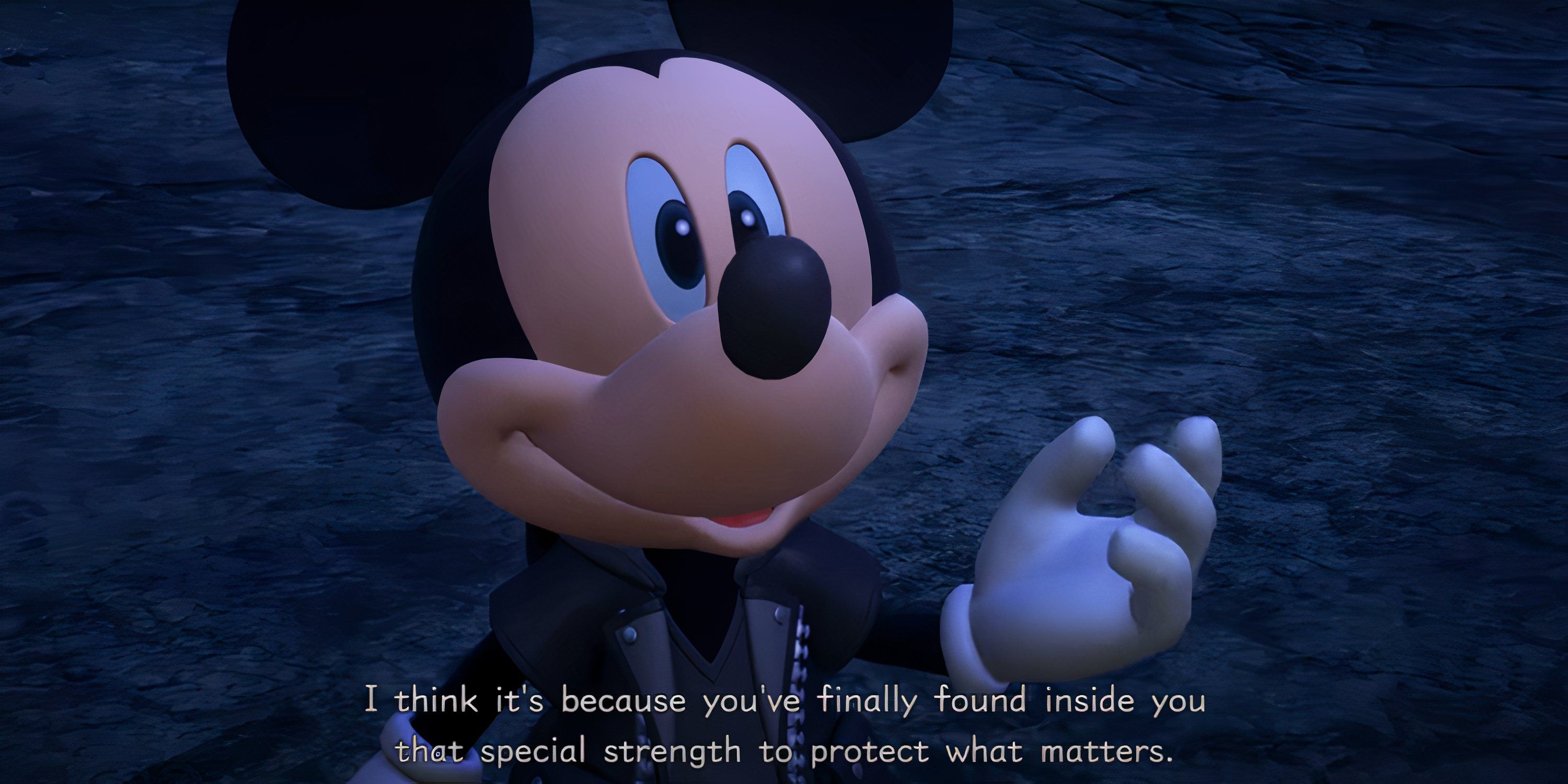 A close-up of Mickey in the Realm of Darkness in Kingdom Hearts 3.