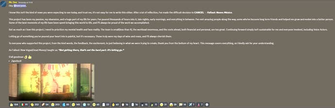 The announcement of Fallout Nuevo Mexico's cancellation on its Discord server.