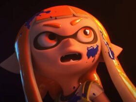 An Inkling looking shocked as she stares at the Smash Bros. logo in the Super Smash Bros. Ultimate reveal trailer.