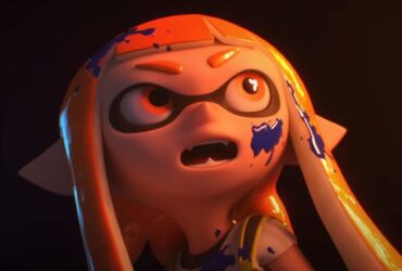 An Inkling looking shocked as she stares at the Smash Bros. logo in the Super Smash Bros. Ultimate reveal trailer.