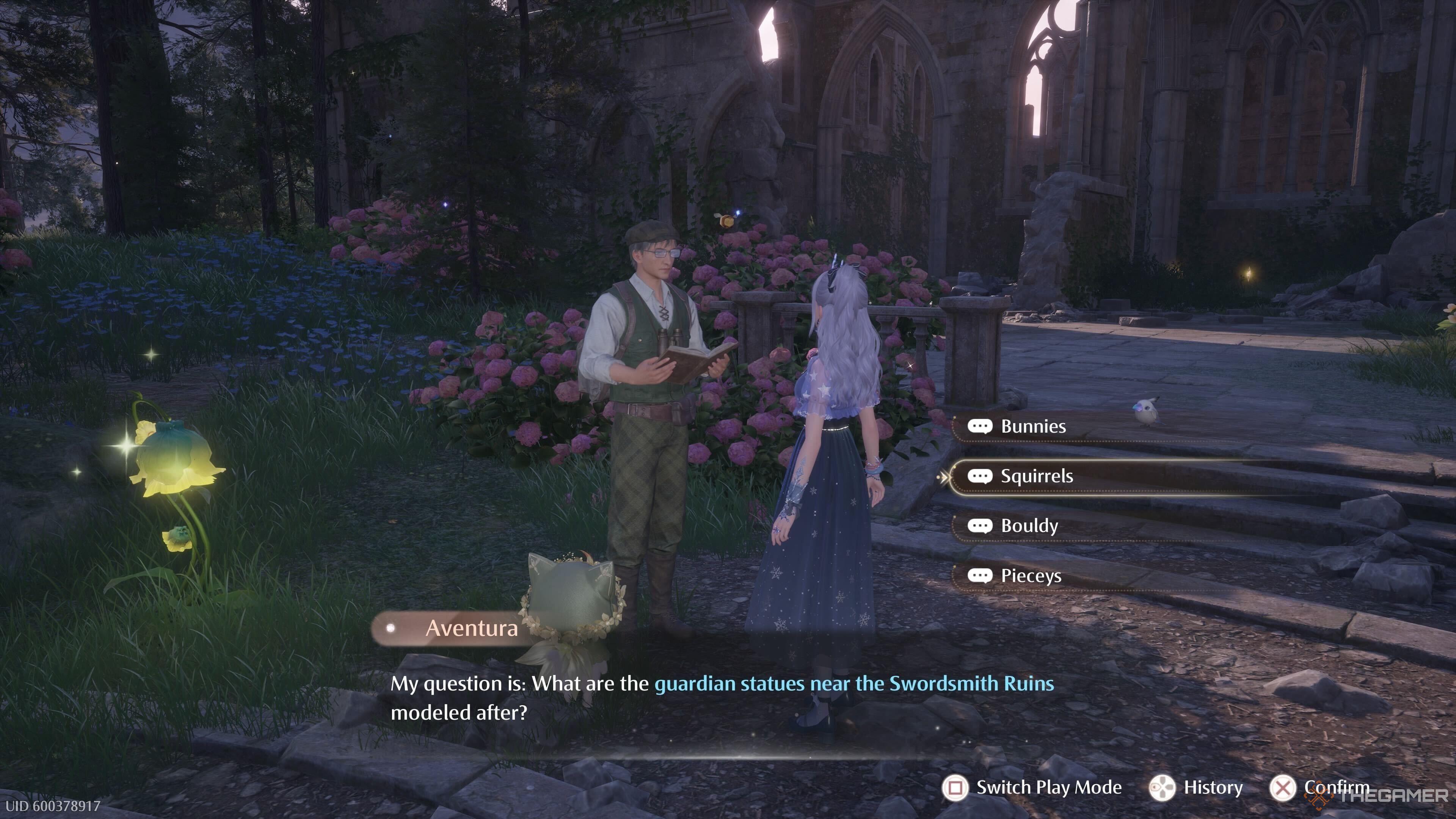 Aventura asking Nikki a question at the Swordsmith Ruins in Infinity Nikki.