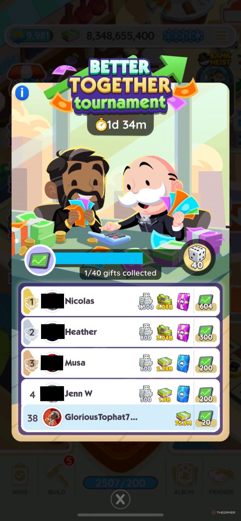 A leaderboard in the Better Together Tournament in Monopoly Go.