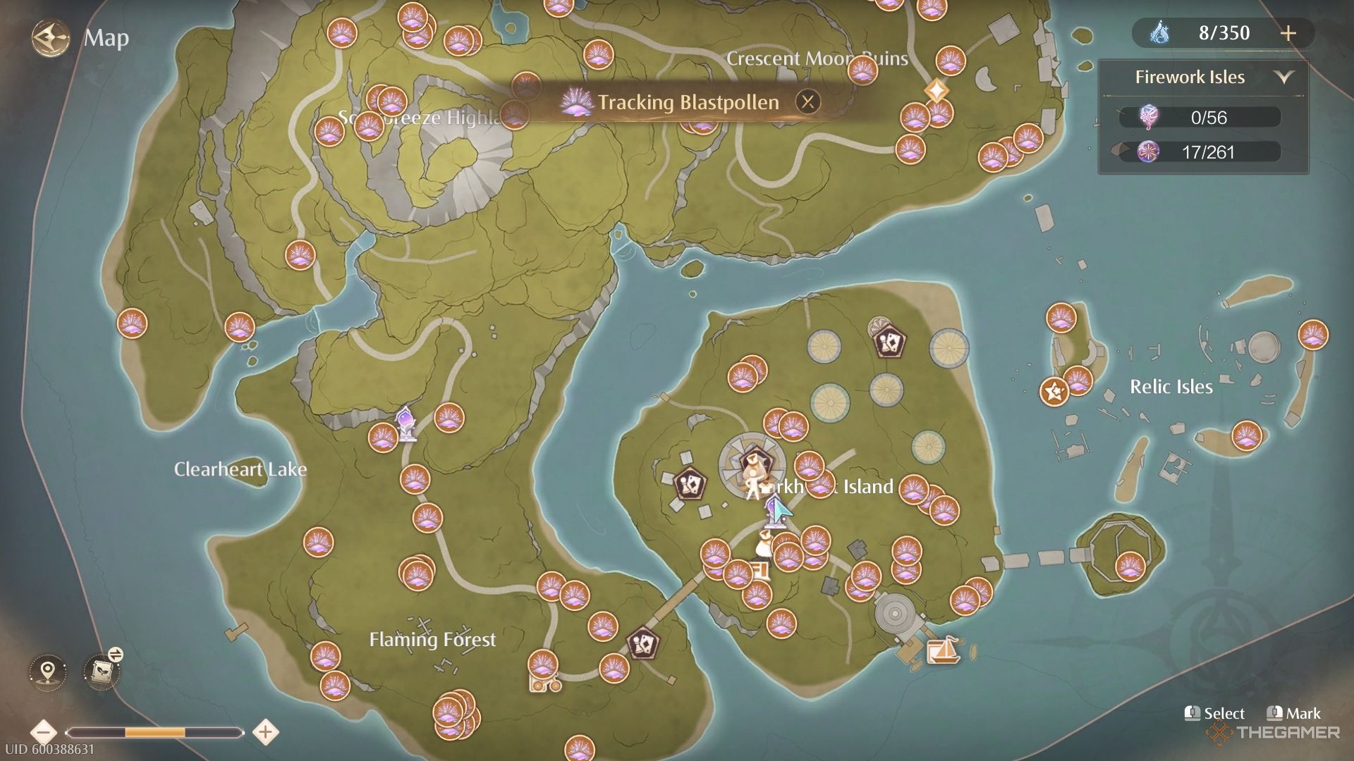 All Blastpollen locations marked on the map of the Firework Isles.