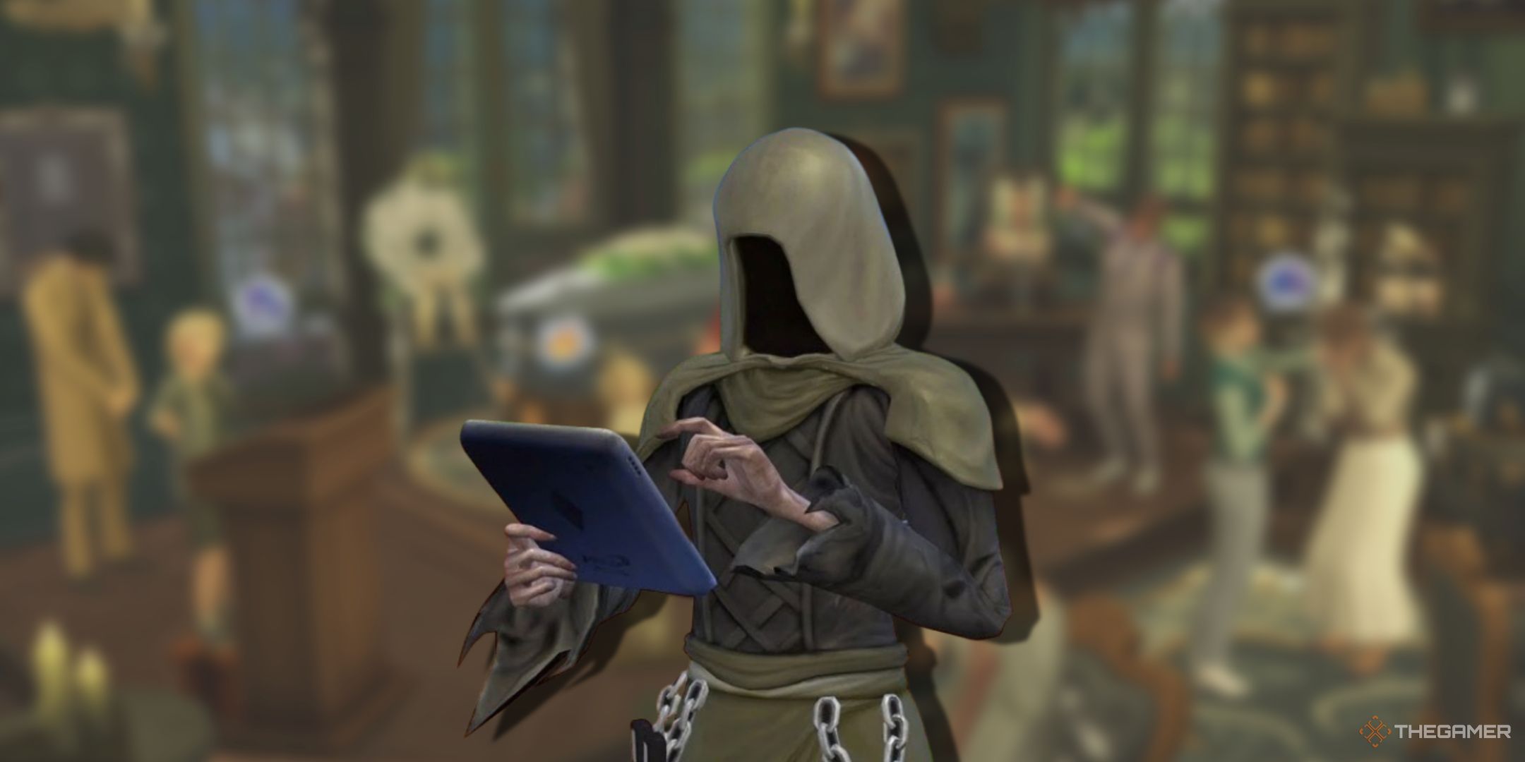 A blurry background showing promo art from The Sims 4 Life and Death with a PNG edited of the Grim Reaper on a tablet.