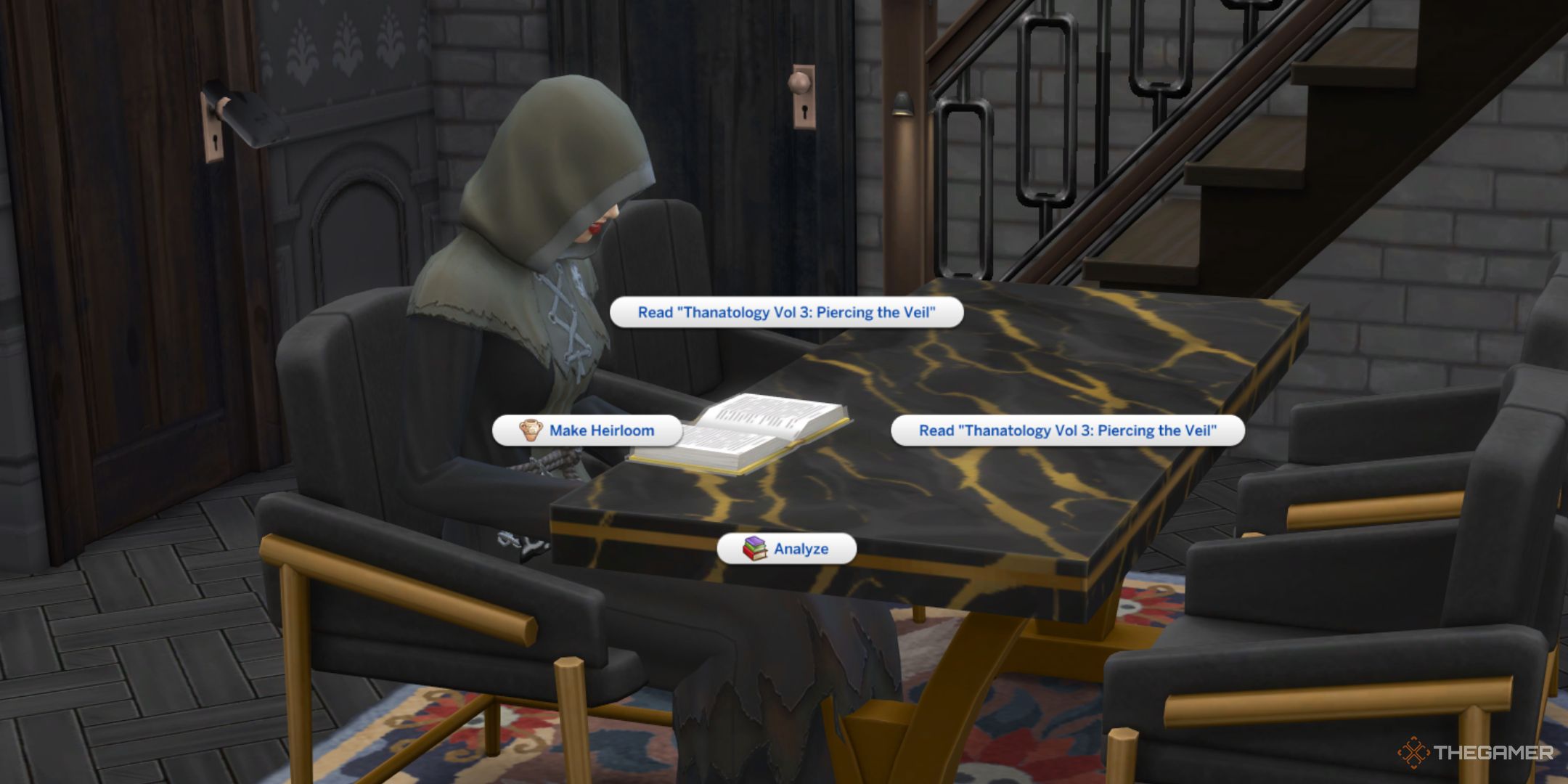 The Sims 4 Life and Death Sim reading thanatology books at a dining table.