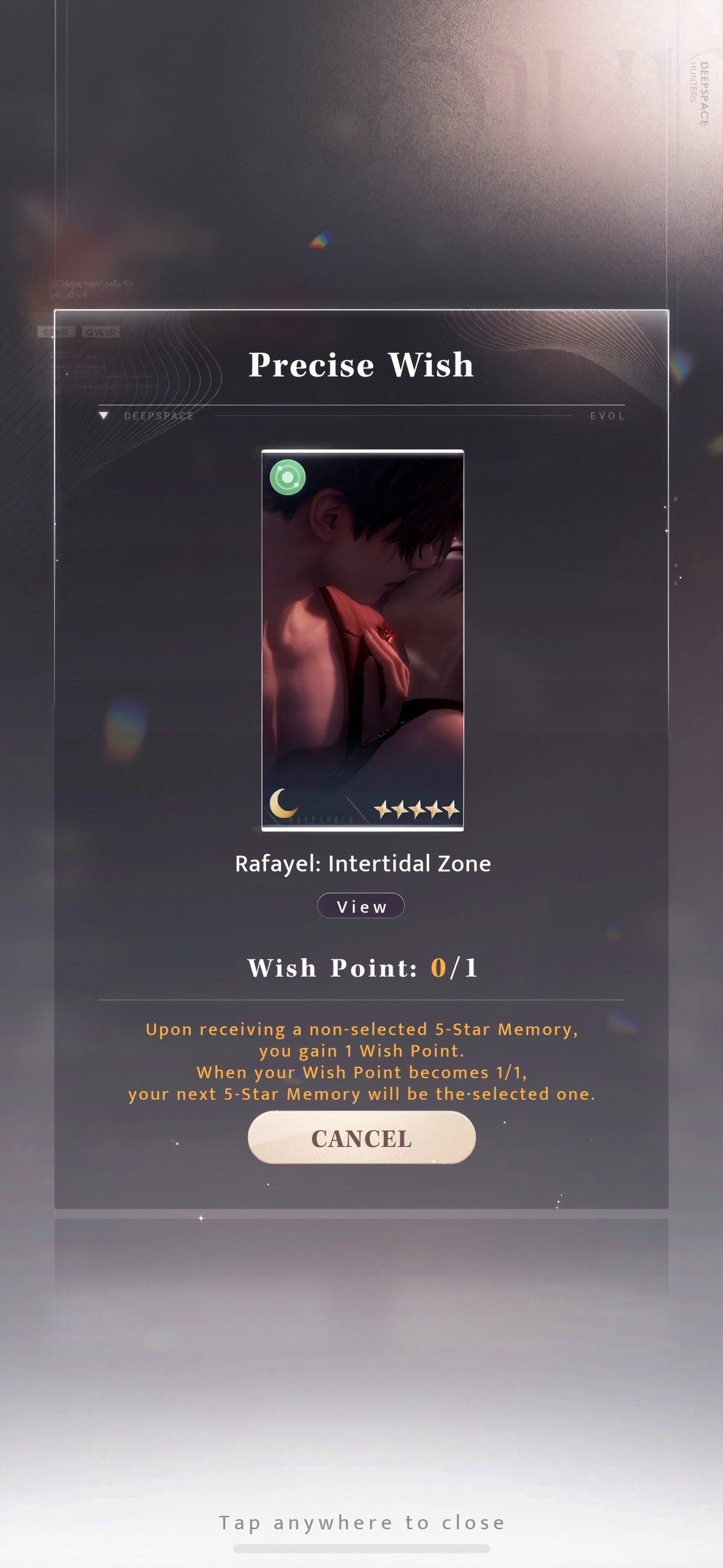 Love And Deepspace: An image of the Precise Wish screen with Rafayel: Intertidal Zone as the chosen memory.