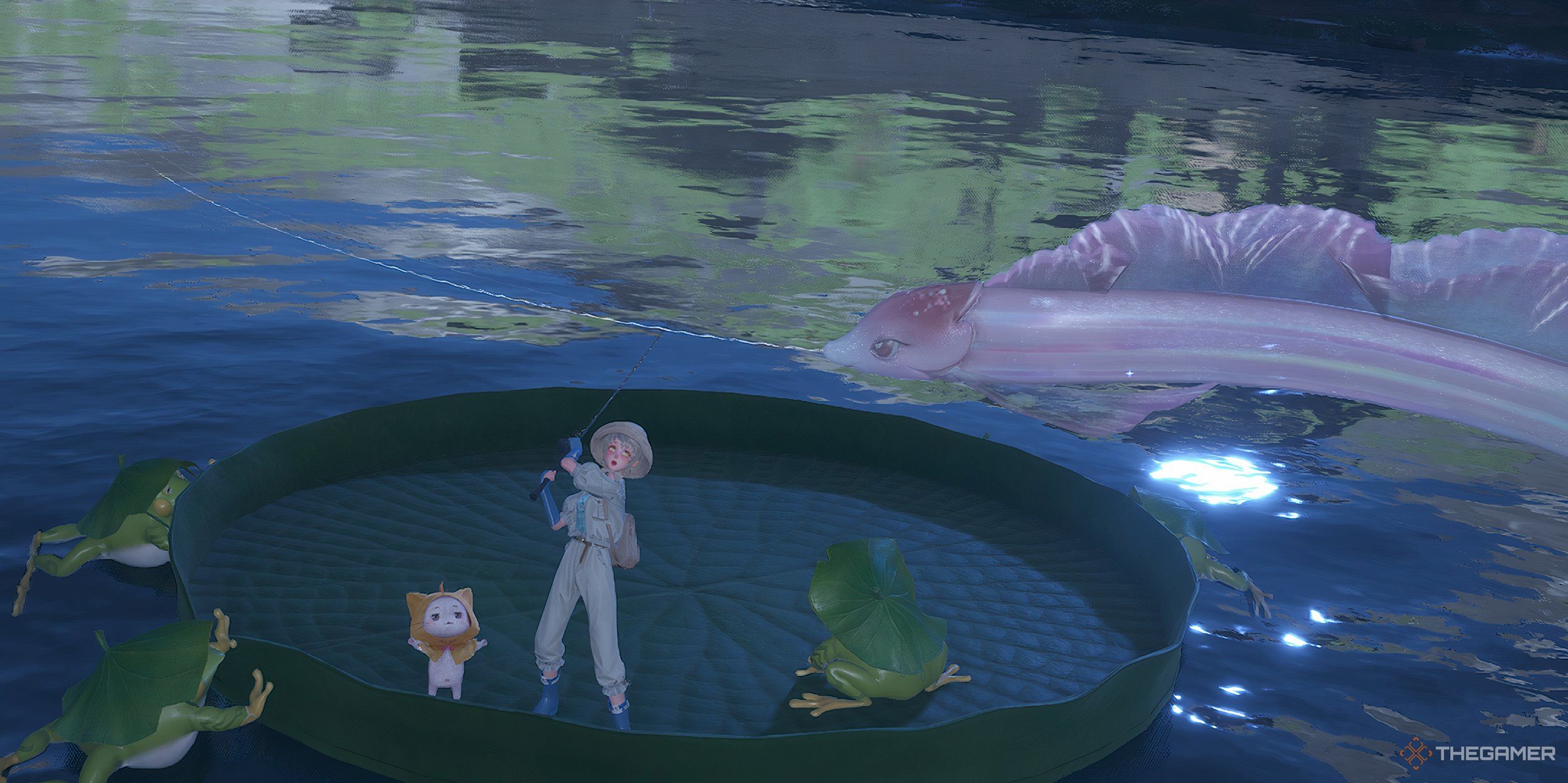 Nikki and Momo fishing a pink ribbon eel out of the Silken Lake.