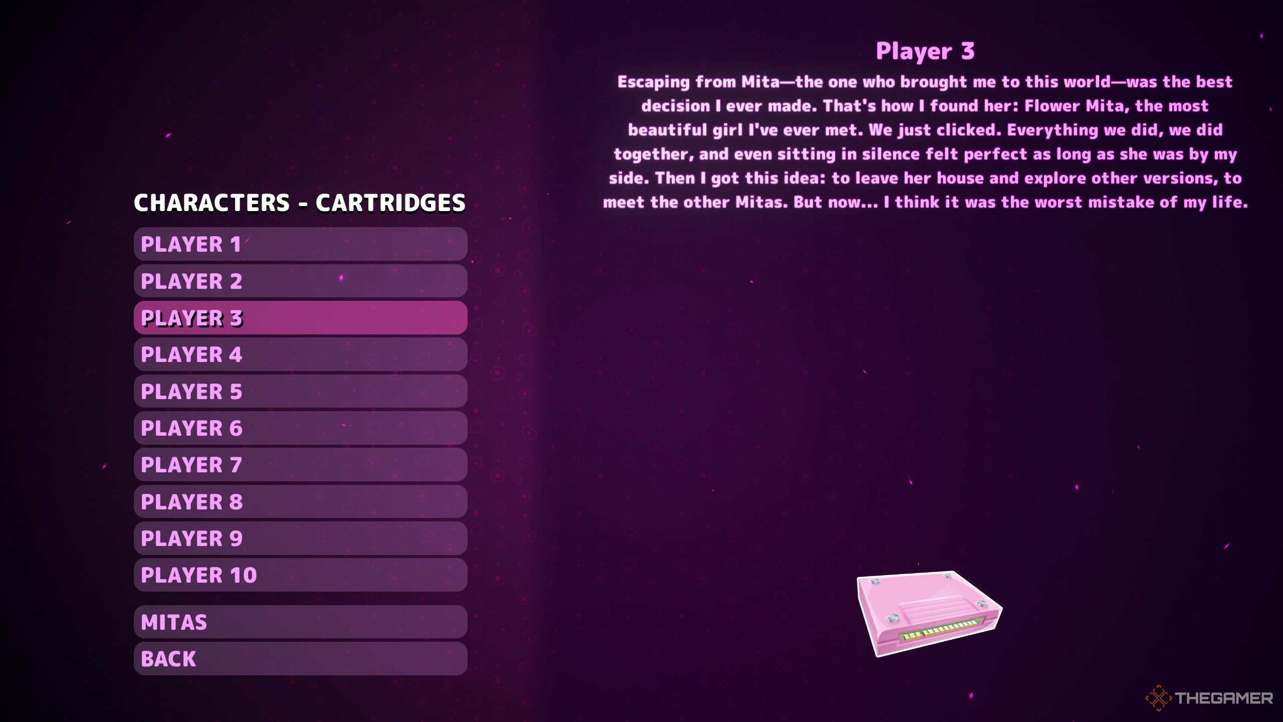 All of the player cartridges as shown in the menu in MiSide. 