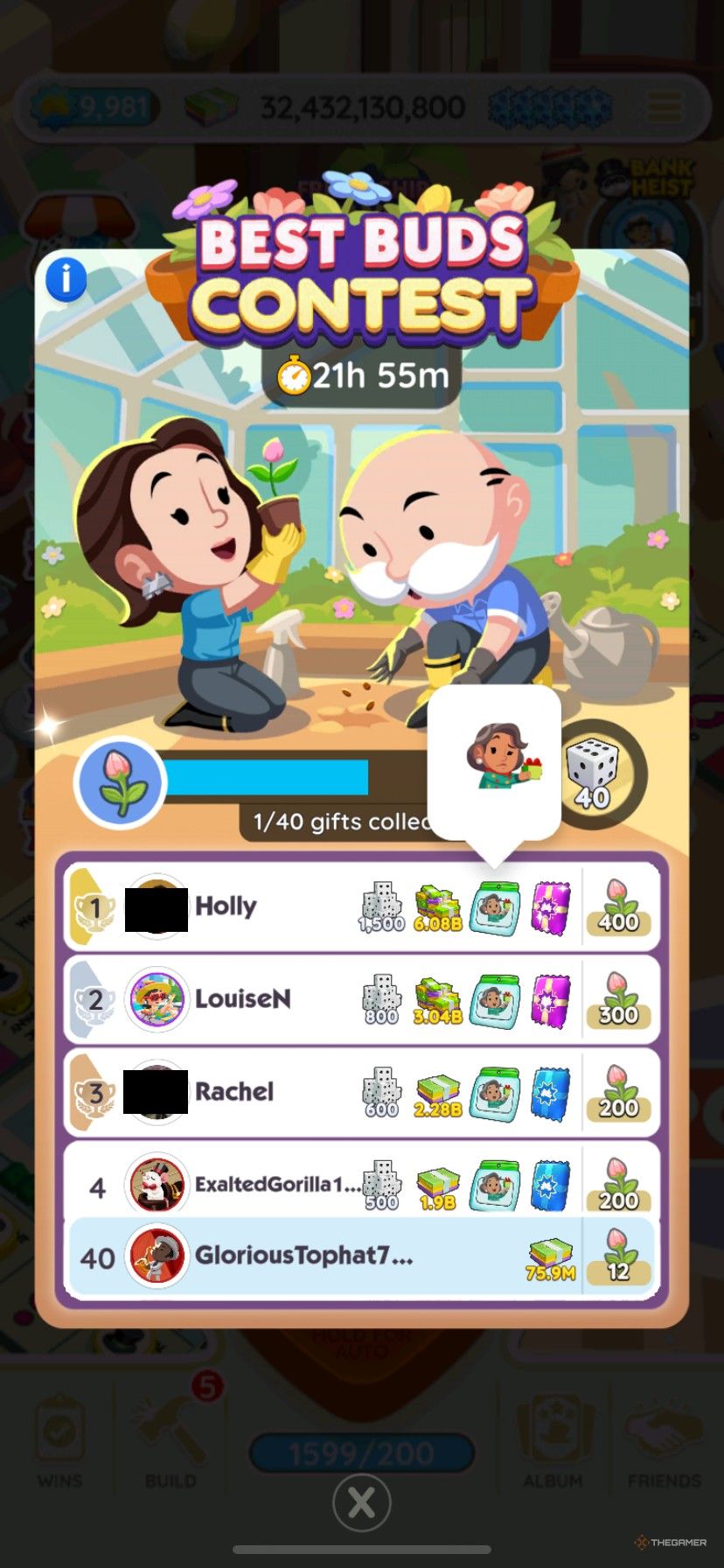 A leaderboard in Best Buds Contest showing the new emoji of Sofia's mom shaking a present in Monopoly Go.