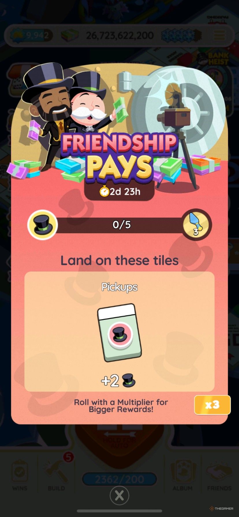 How to earn points in the Friendship Pays event in Monopoly Go with top hat pickup tokens.