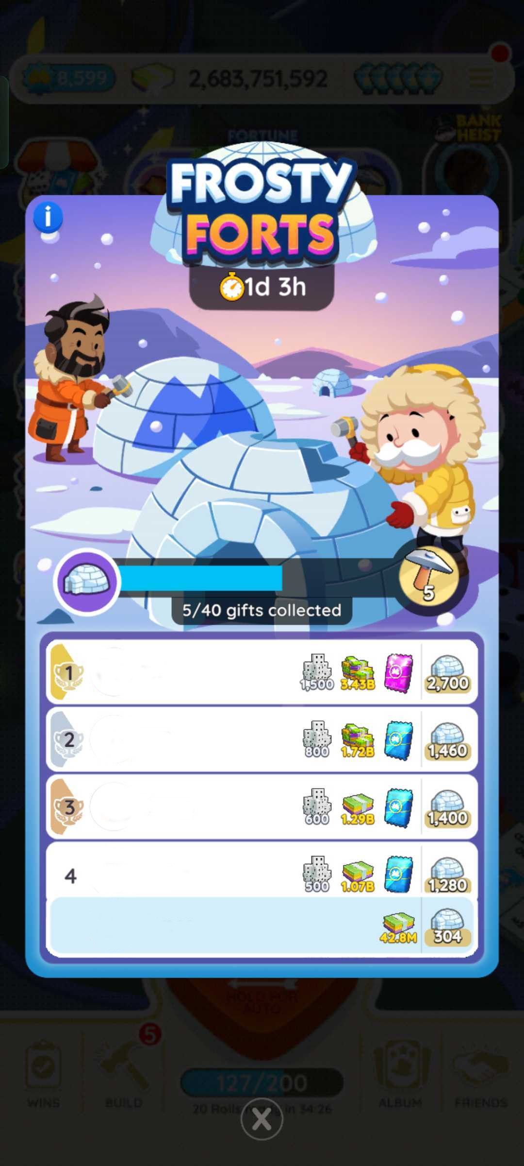 Monopoly Go. Frosty Forts leaderboard.