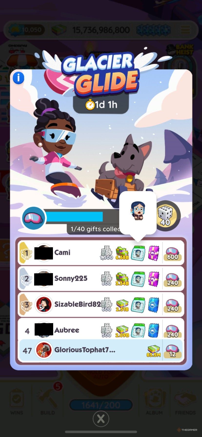 A leaderboard showing the Glacier Glide reward of a new emoji of the girl with blue glasses shivering.