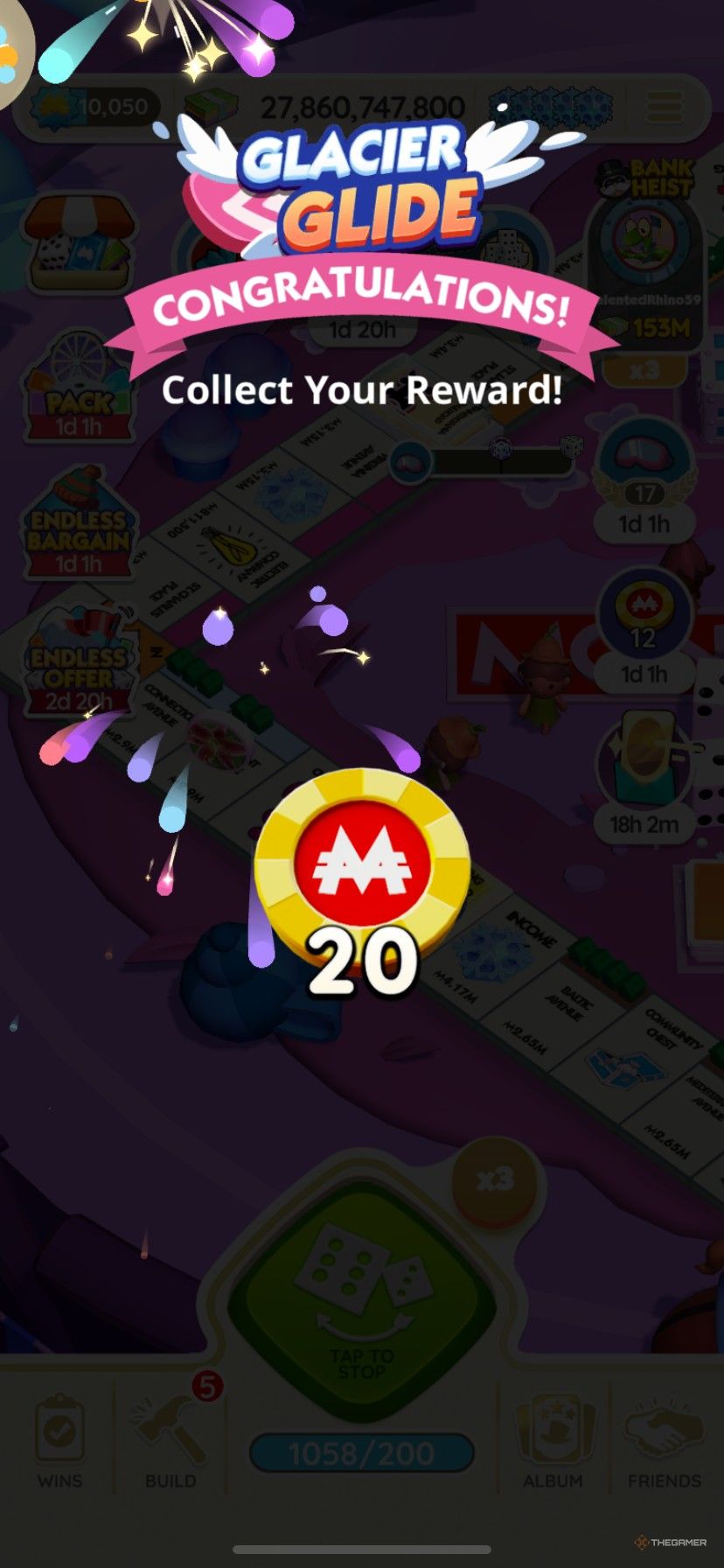 Earning 20 free Peg-E Sticker Drop chips as a reward in Glacier Glide in Monopoly Go.