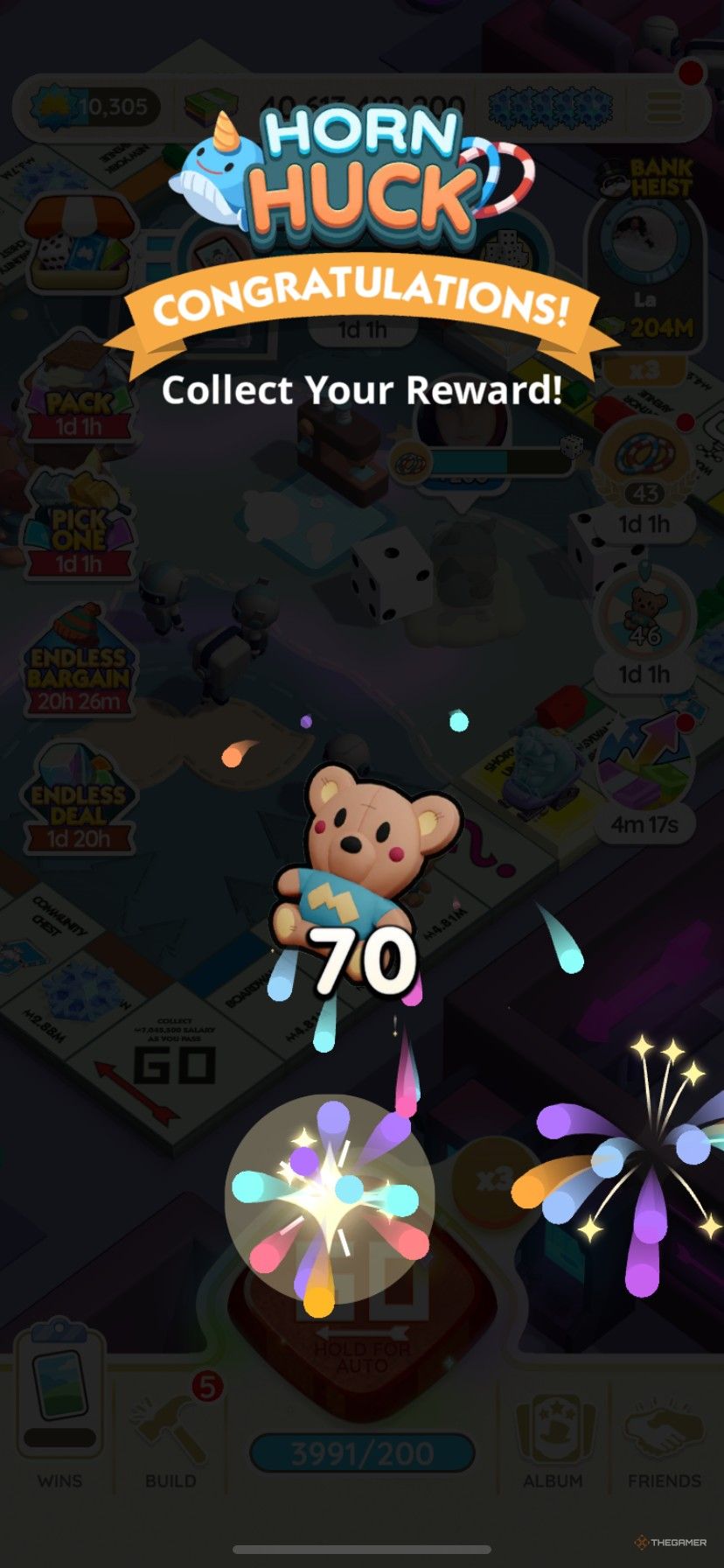 Earning 70 free Plushie Partners tokens in Horn Huck from Monopoly Go.