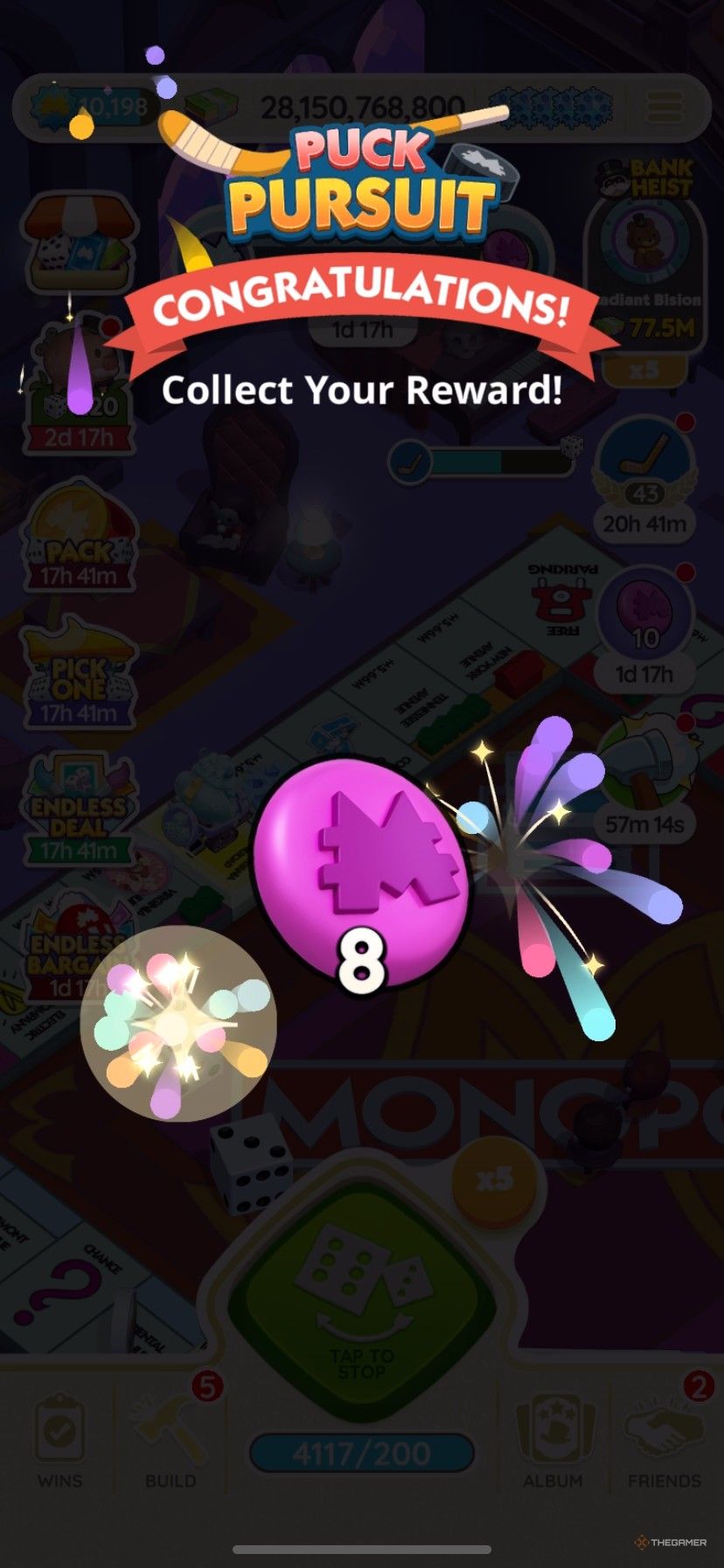 Earning 8 extra Juggle Jam tokens from Puck Pursuit in Monopoly Go.