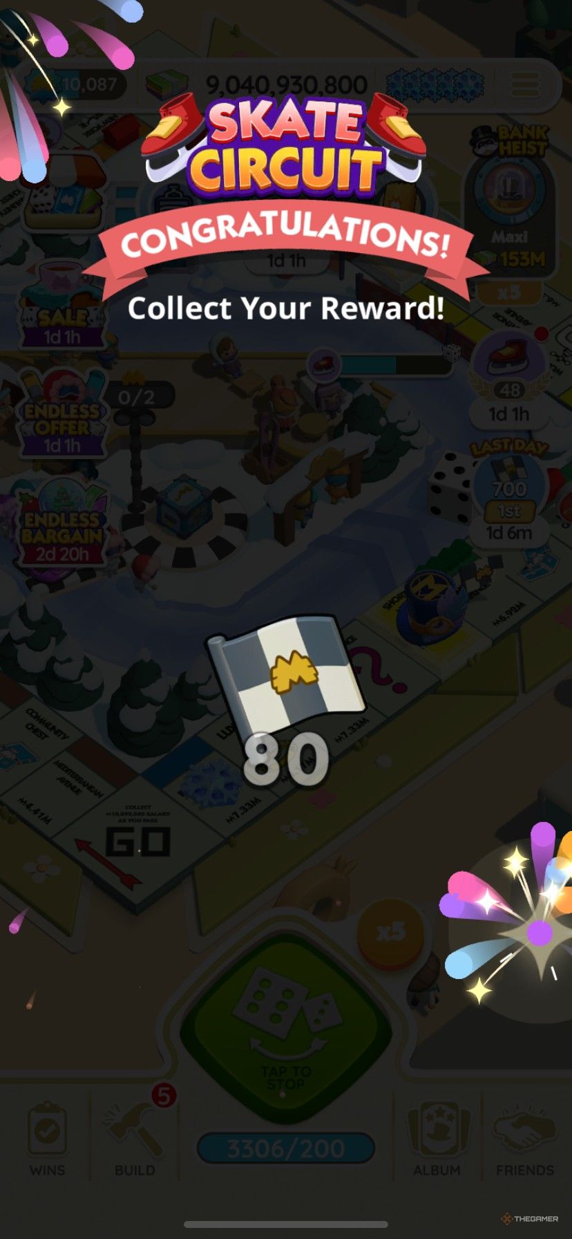 Earning 80 extra Snow Racers tokens in Skate Circuit in Monopoly Go.