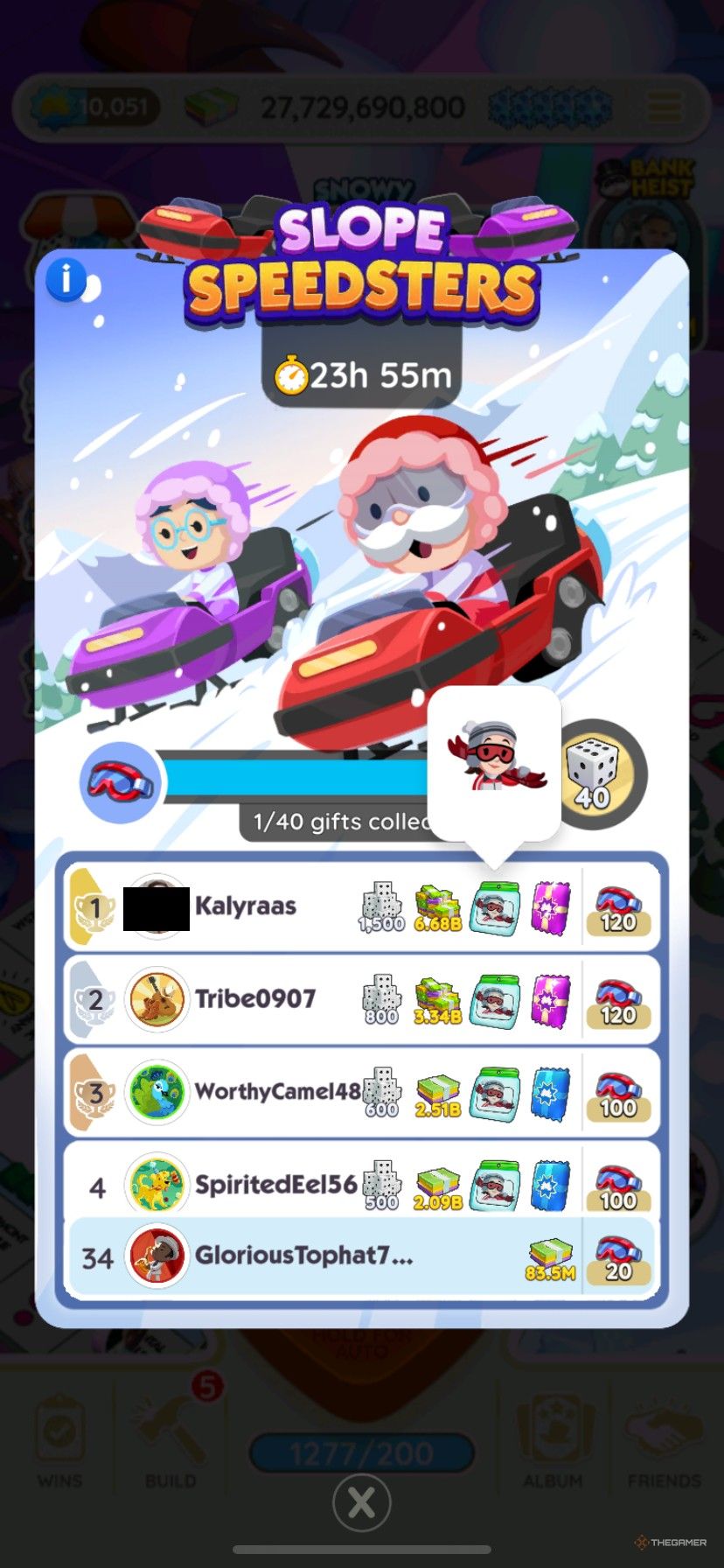 A leaderboard in Slope Speedsters showing the new emoji as the top prize for the leaderboard tournament in Monopoly Go.