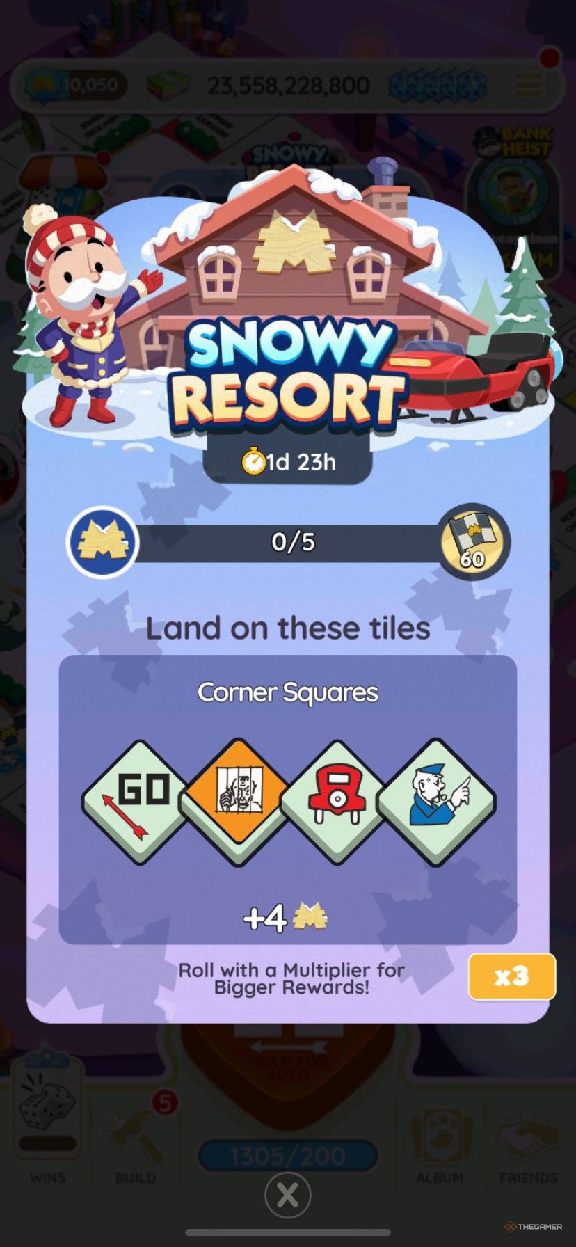 Mr. Monopoly dressed for winter with a snowmobile showing how to earn points in Snowy Resort in Monopoly Go.