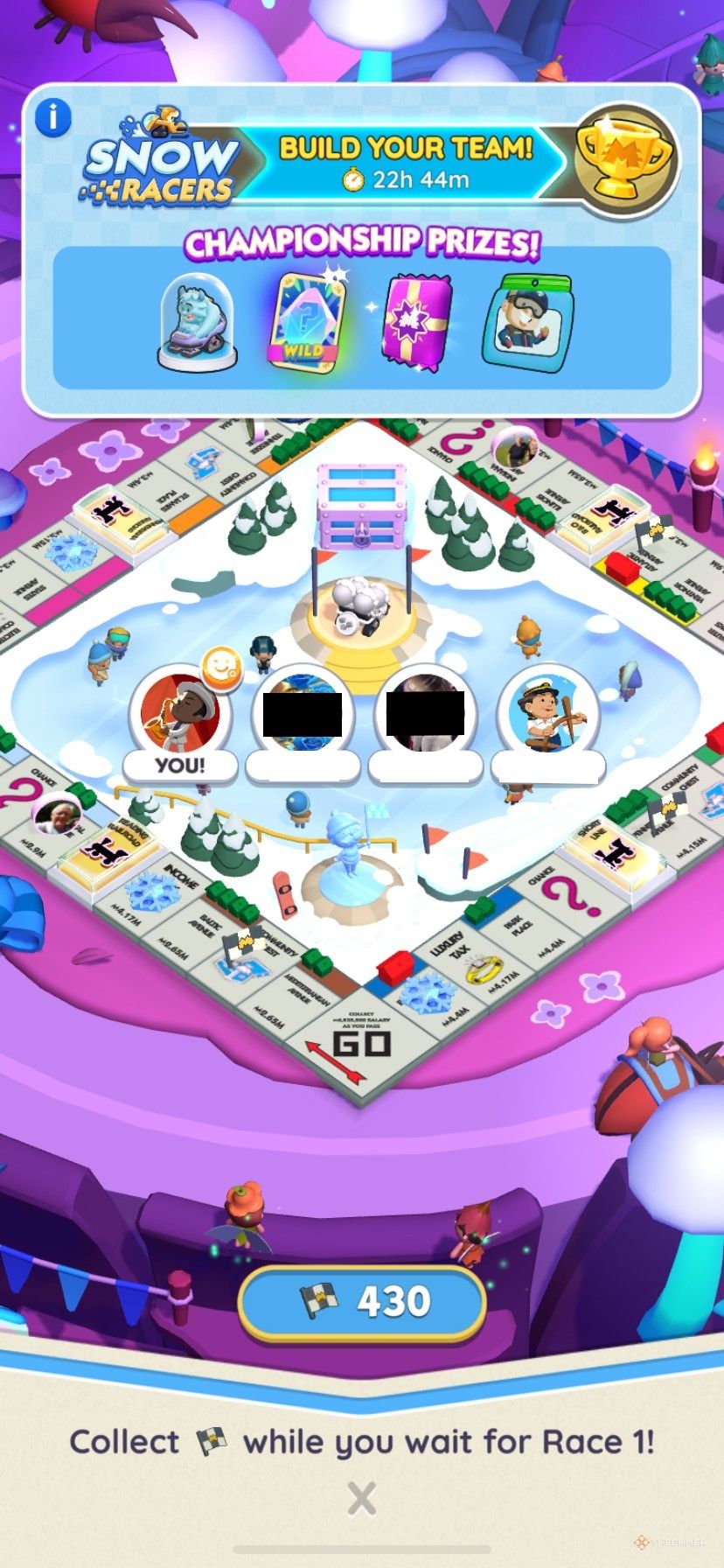 The Snow Racers game board in Monopoly Go showing a full team and the championship prizes in Snow Racers.