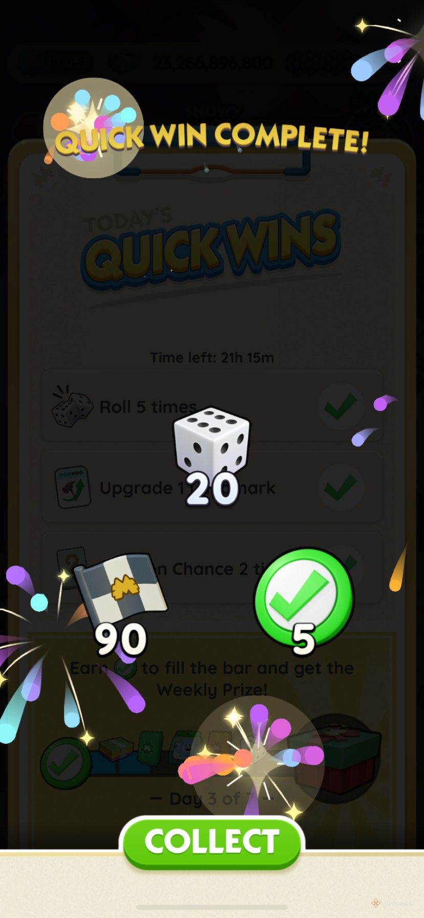 Earning 90 Snow Racers tokens from completing a quick win during the event in Monopoly Go.