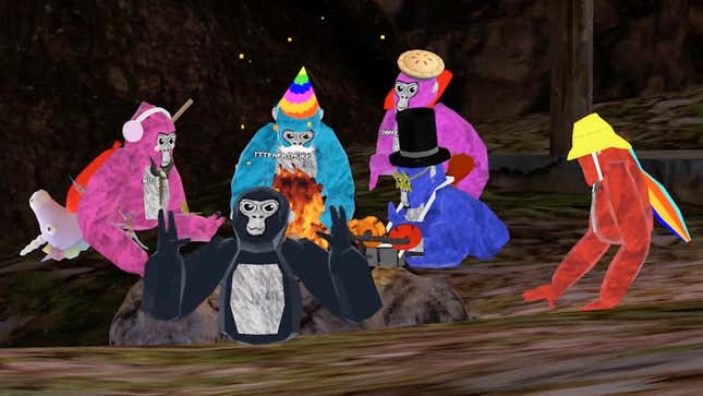 A collection of Gorillas around a campfire.