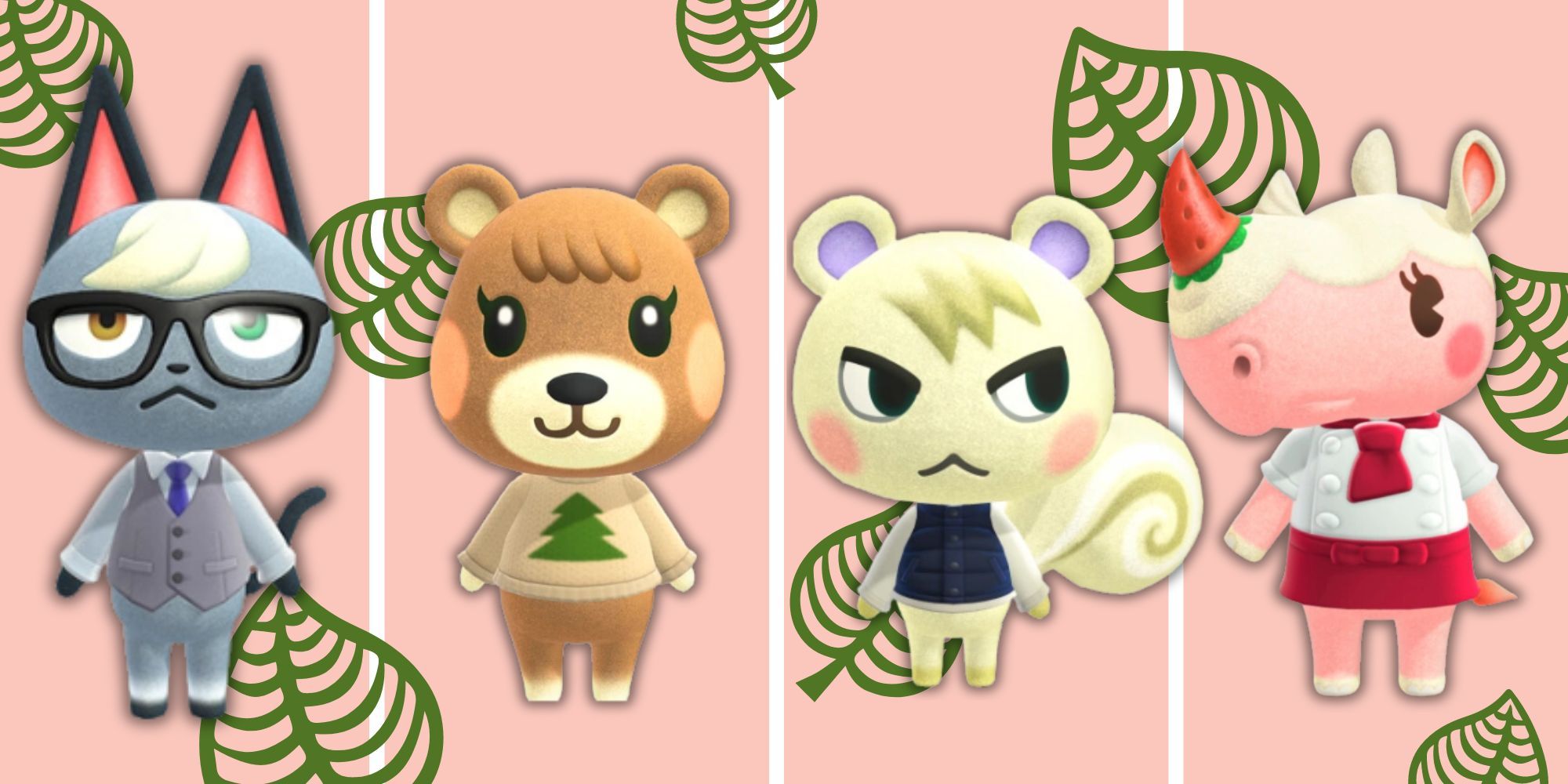 Split image of Animal Crossing villagers: Raymond, Maple, Marshall, Merengue