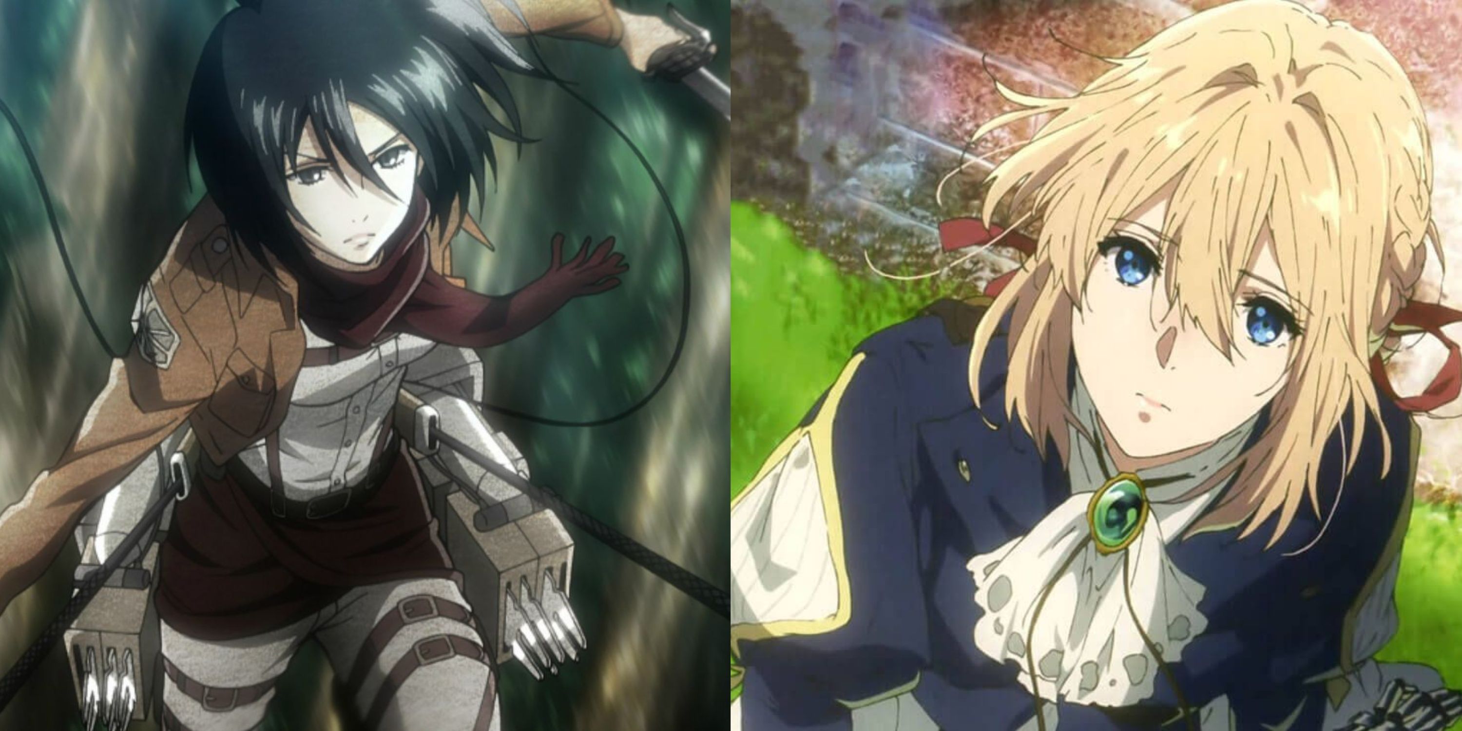 A collage of Mikasa Ackerman (left) and Violet Evergarden (right).