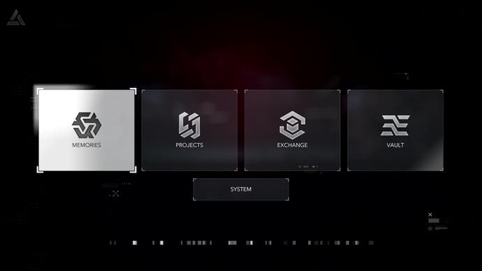 The menu screen for the Animus Hub, showing icons for Memories, Projects, Exchange and Vault.