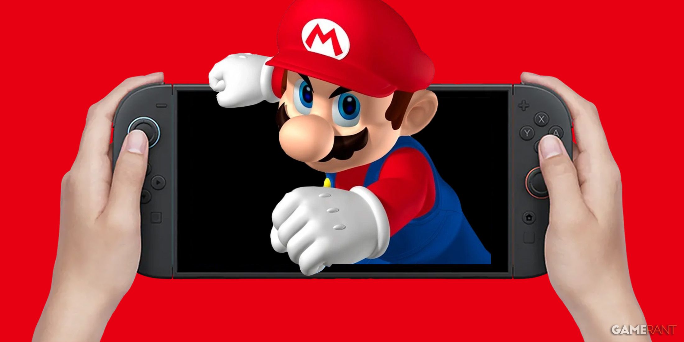 Mario getting ready to throw a punch while emerging from hand-held Nintendo Switch 2 on red background 2x1 composite