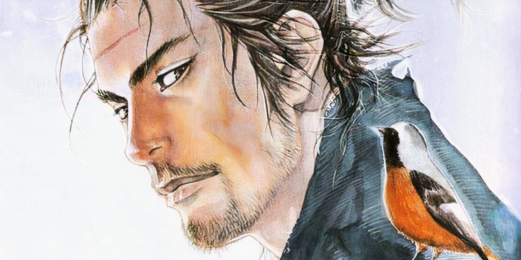 Musashi from Vagabond in the cover of the manga with a sparrow on his shoulder.