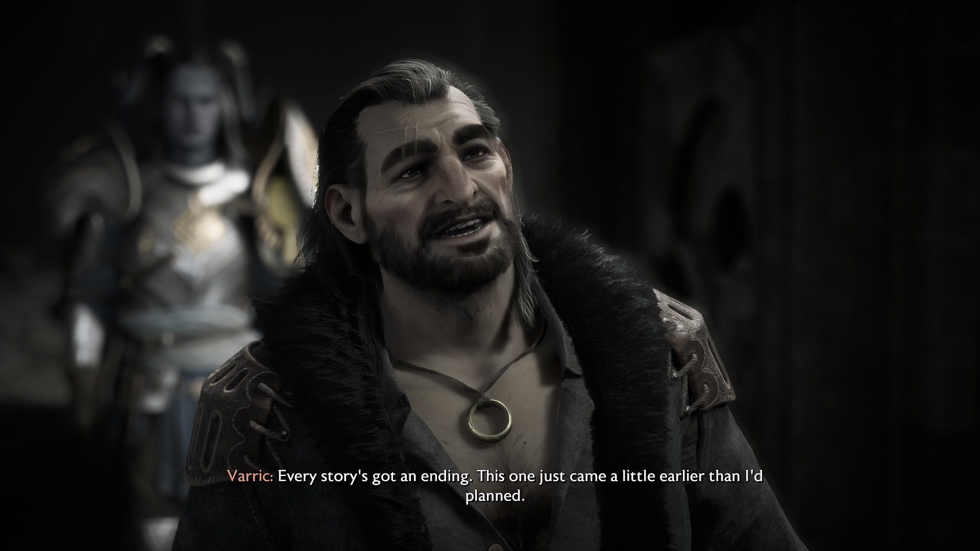 Dragon Age: The Veilguard screenshot of Varric talking about his story ending