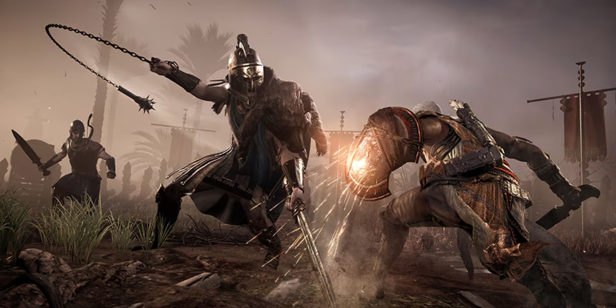 Bayek fighting an enemy in Assassin's Creed Origins.