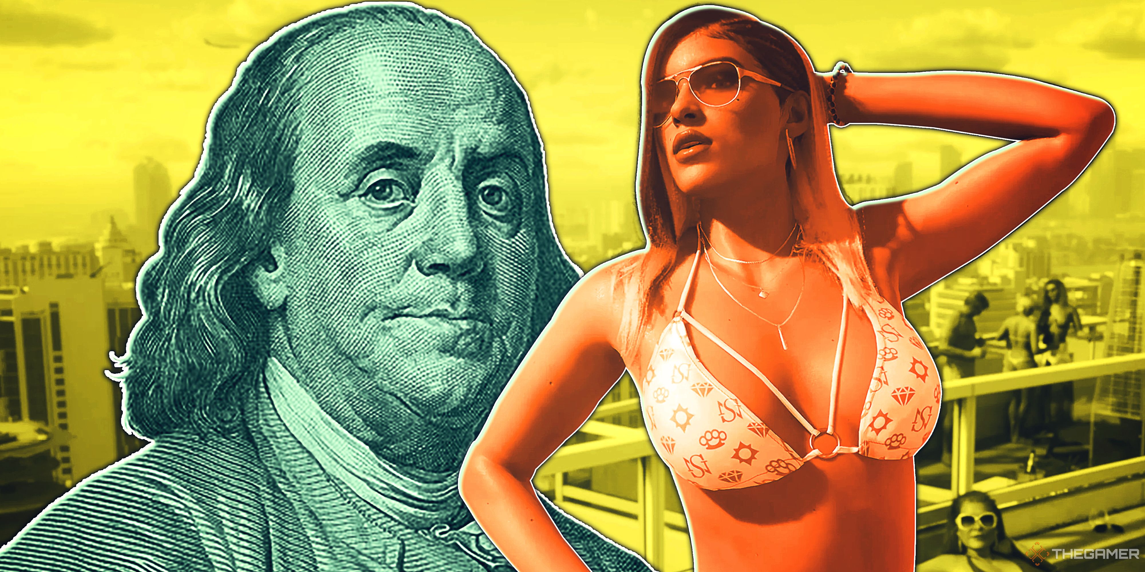 Split image with Benjamin Franklin from the 100 dollar bill on the left and Lucia from GTA 6 in a bikini on the right.