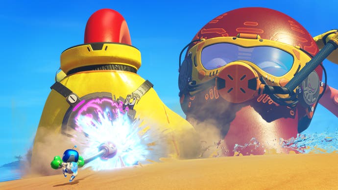 Astro Bot official screenshot showing a giant octopus in snorkel gear with a tiny Astro punching it