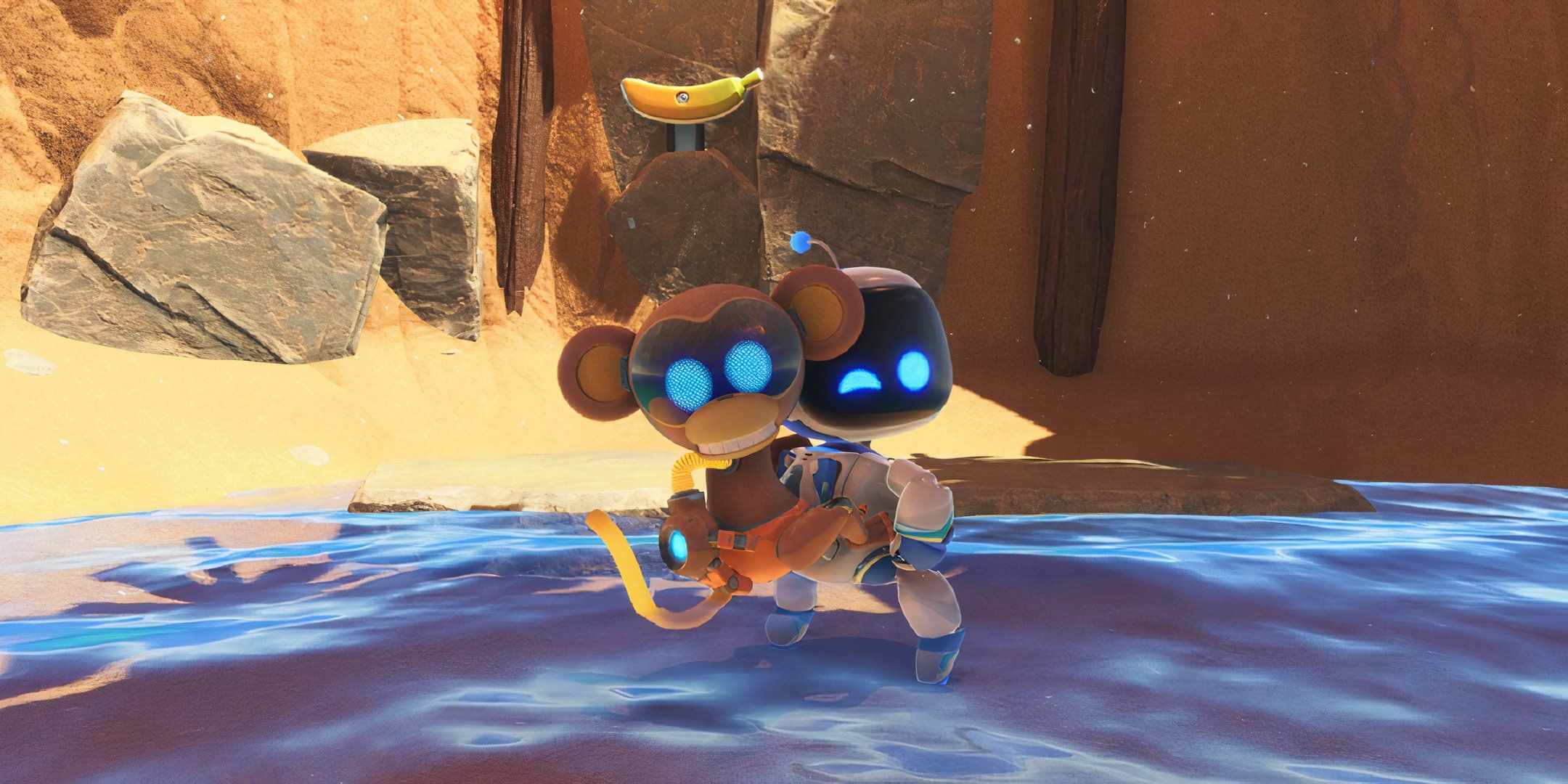 Astro Bot winking at camera after unlocking monkey climb ability.