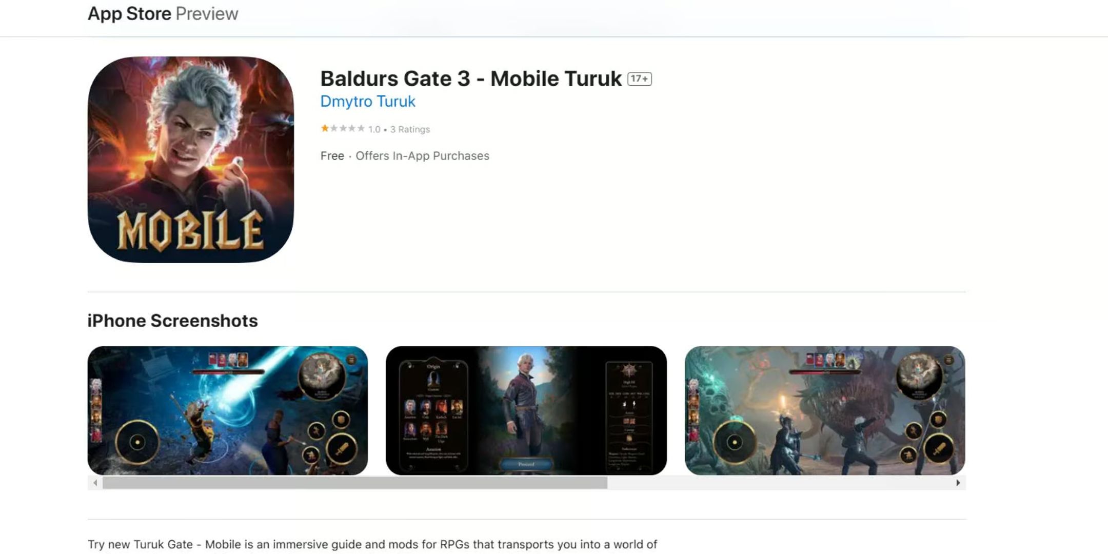 Fake Baldur's Gate 3 mobile listing on the iOS App Store.