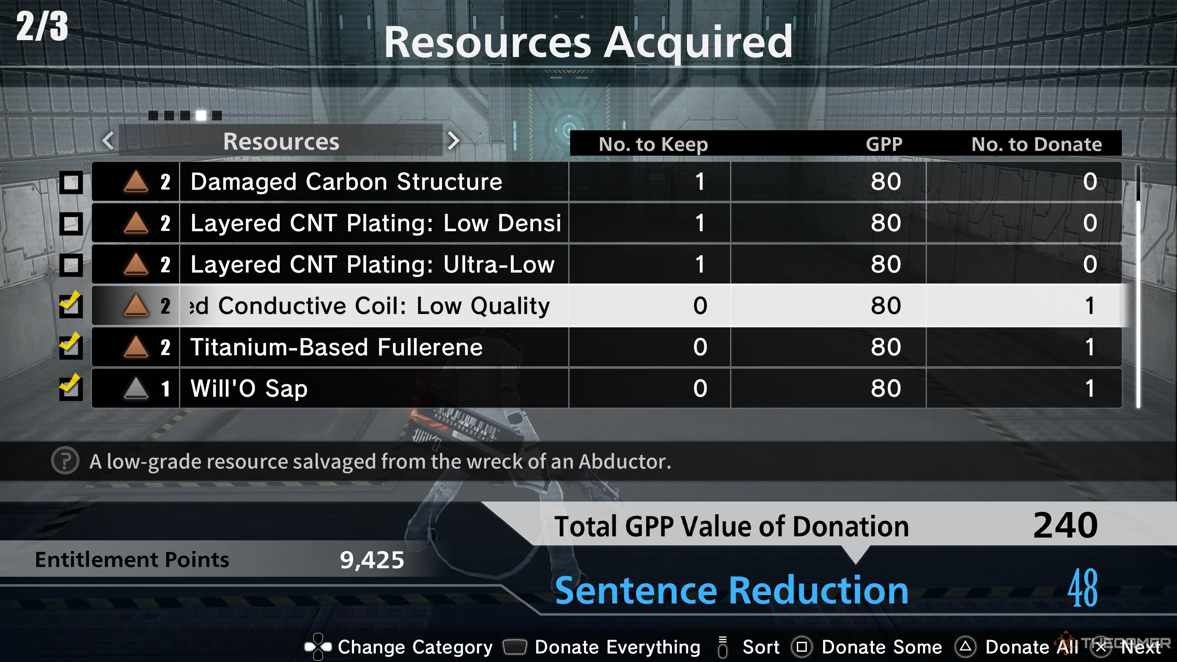 Donating resources from a completed mission in Freedom Wars Remastered.