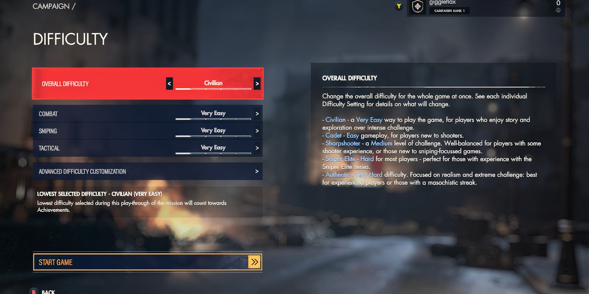 The difficulty menu in Sniper Elite Resistance