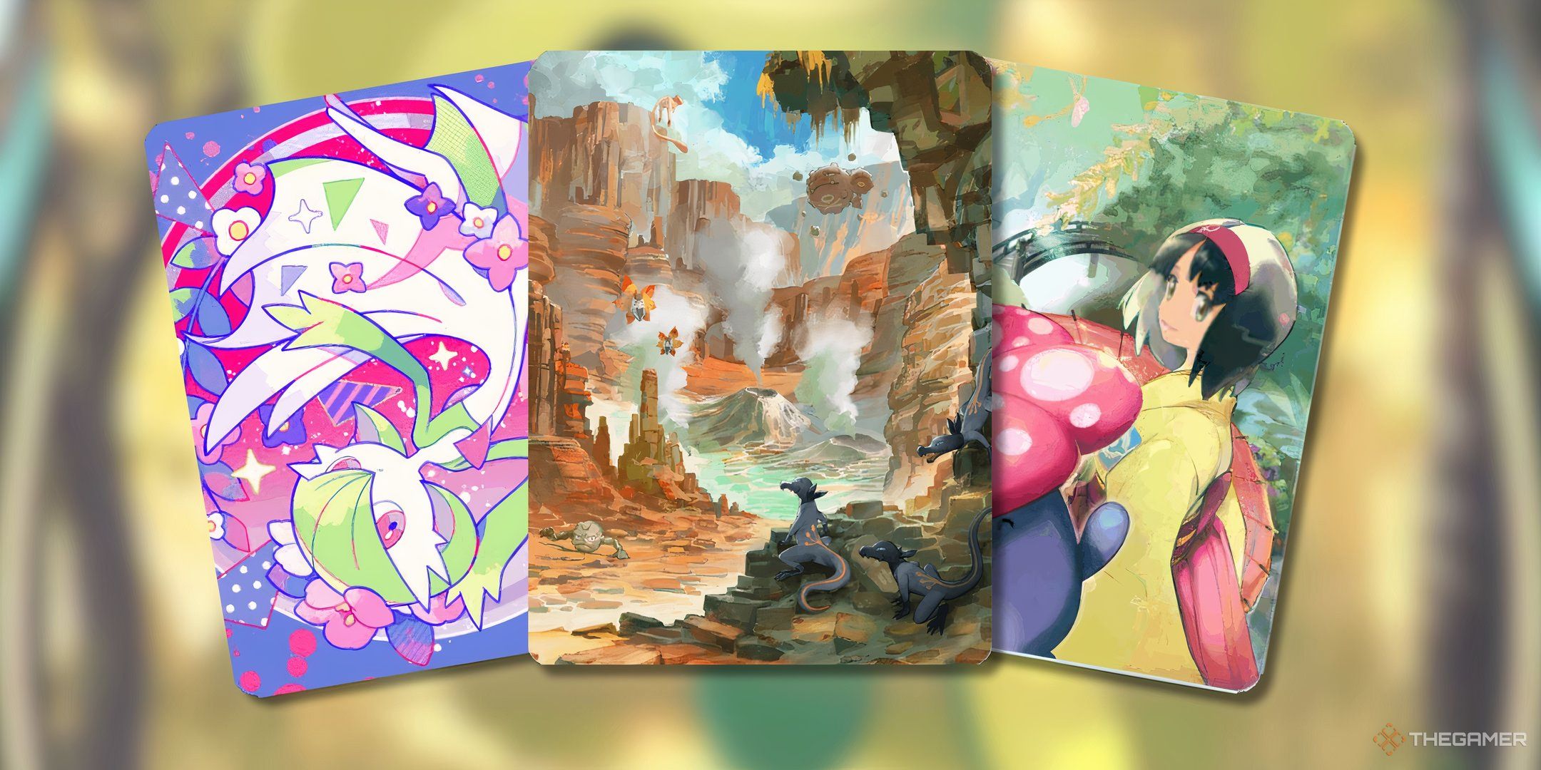 Pokemon Trading Card Game Pocket Gardevoir, Scorching Wilderness, and Erika and Vileplume binder covers on a blurred background.